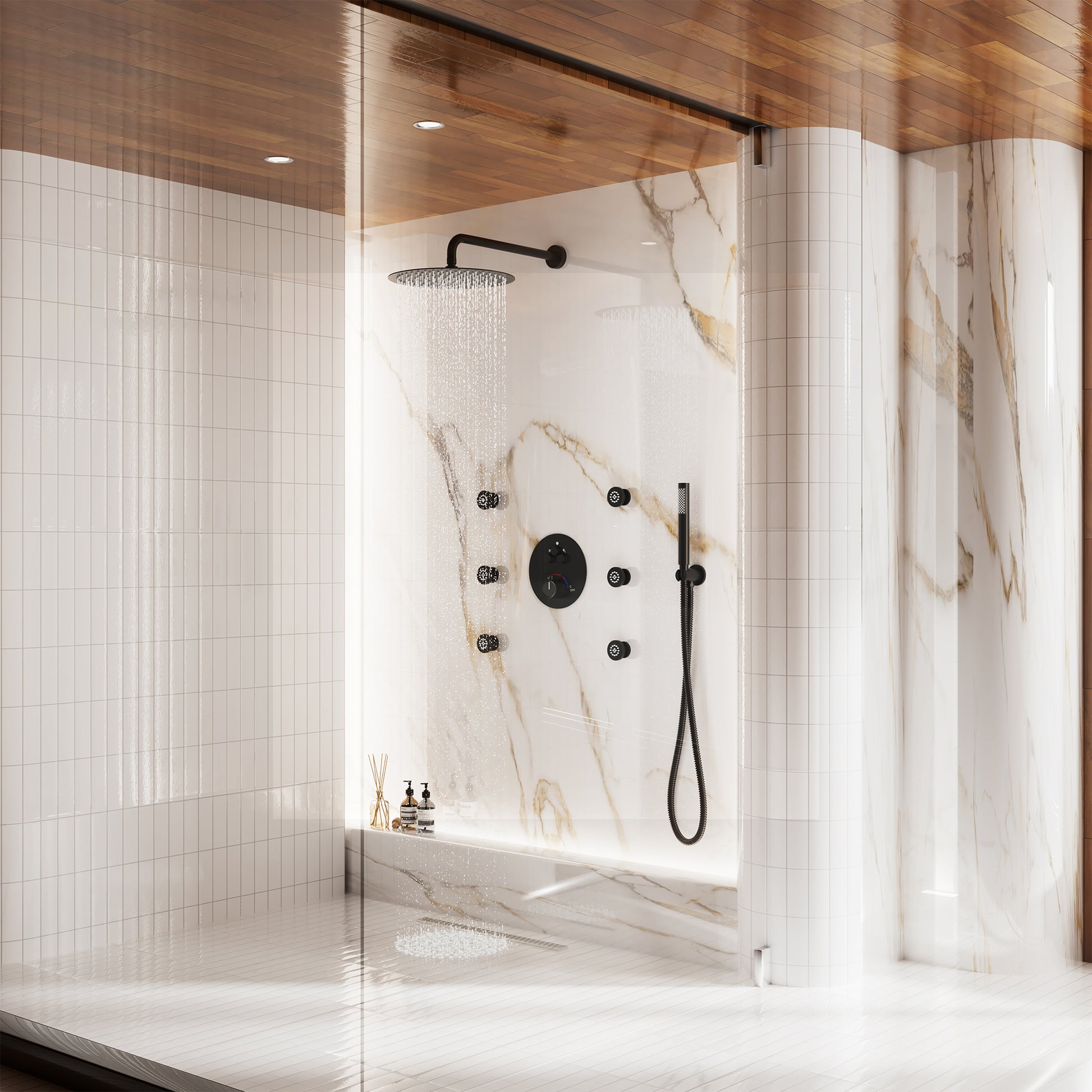 12" Round Rainfall Shower System with 6 Adjustable Body Jets