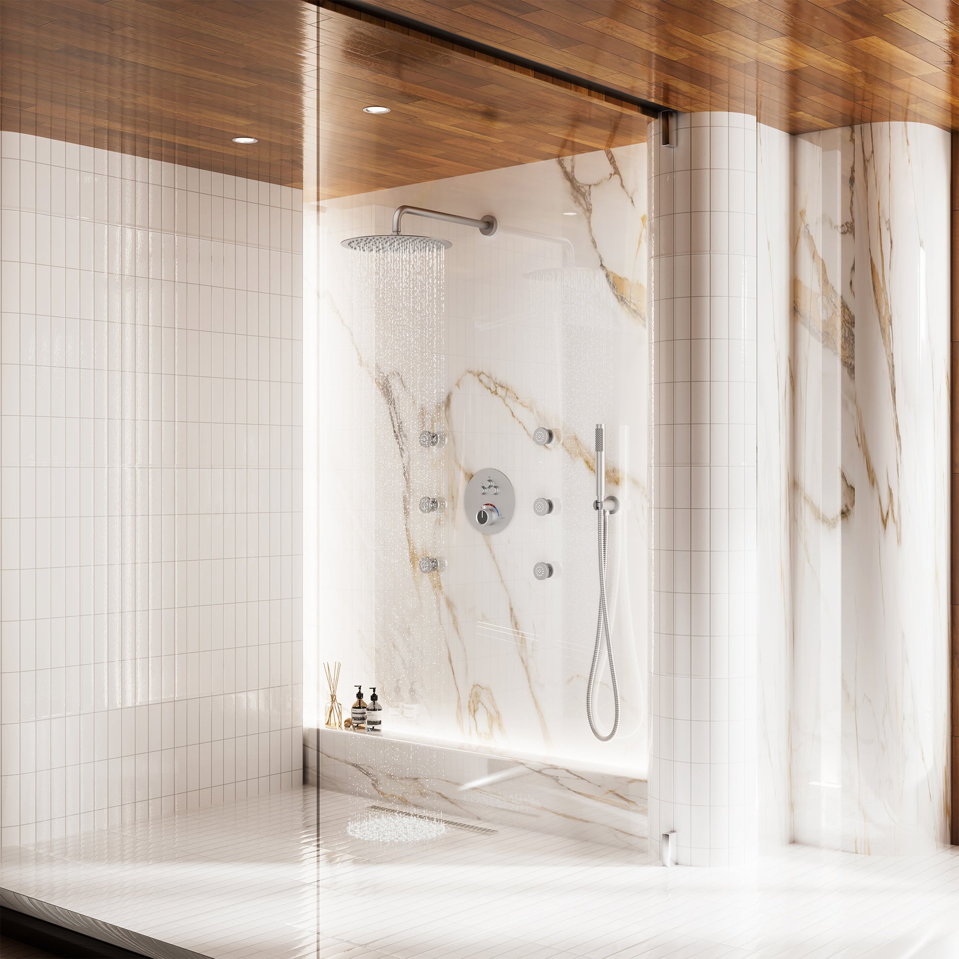 12" Round Rainfall Shower System with 6 Adjustable Body Jets