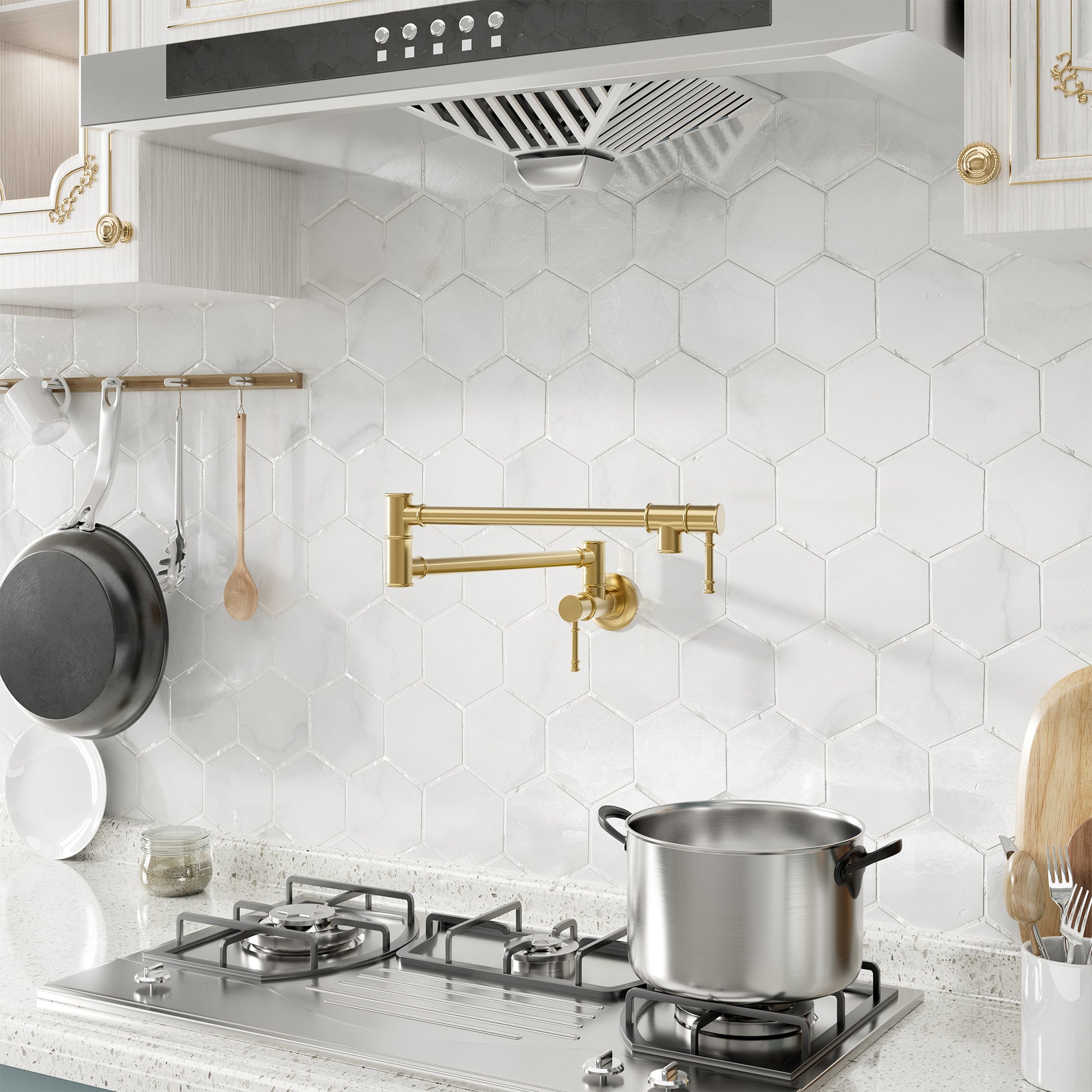 Space-Saving Wall-Mounted Pot Filler with Double Handles and Folding Design