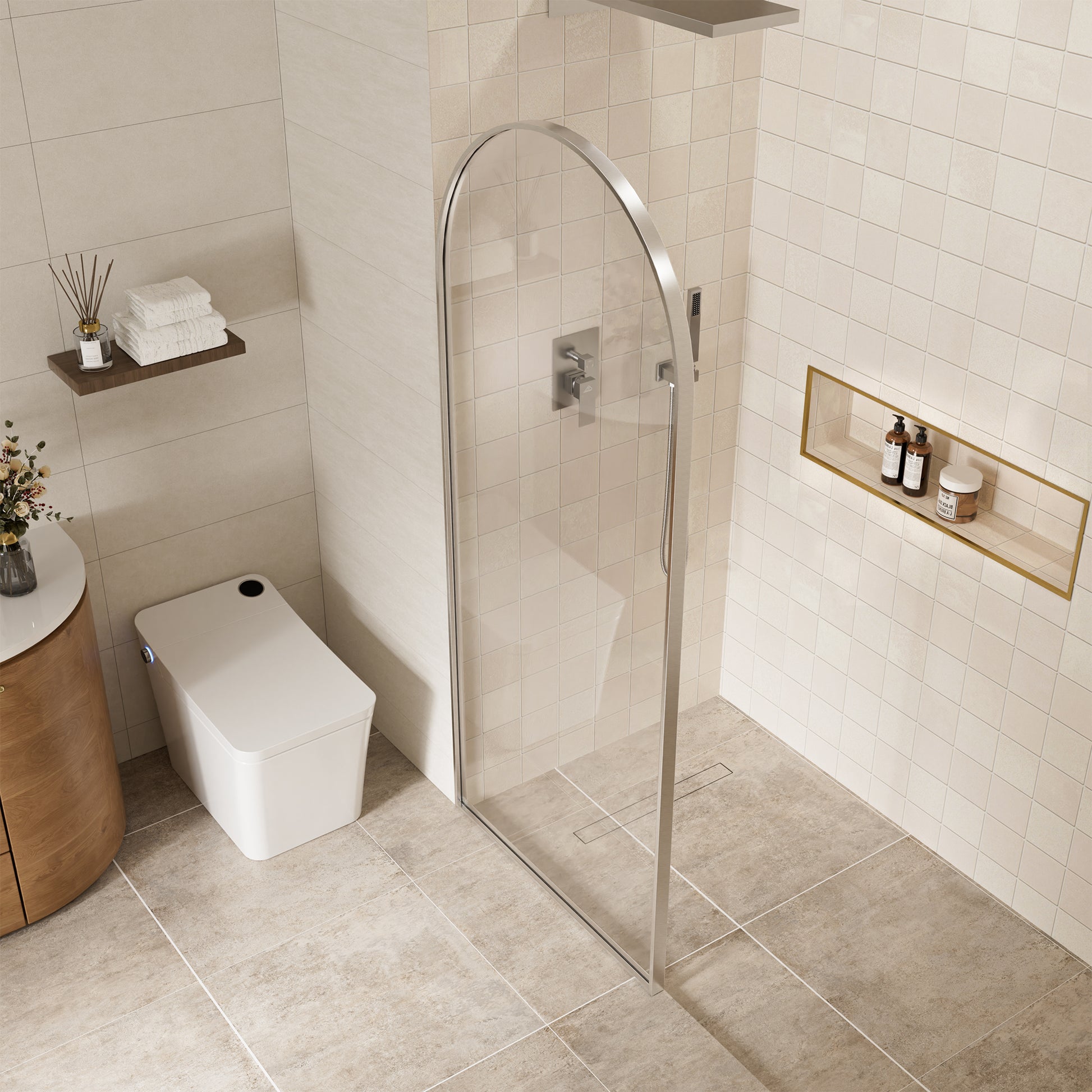 34"x78" Tempered Glass Shower Screen with Integrated Curved Frame