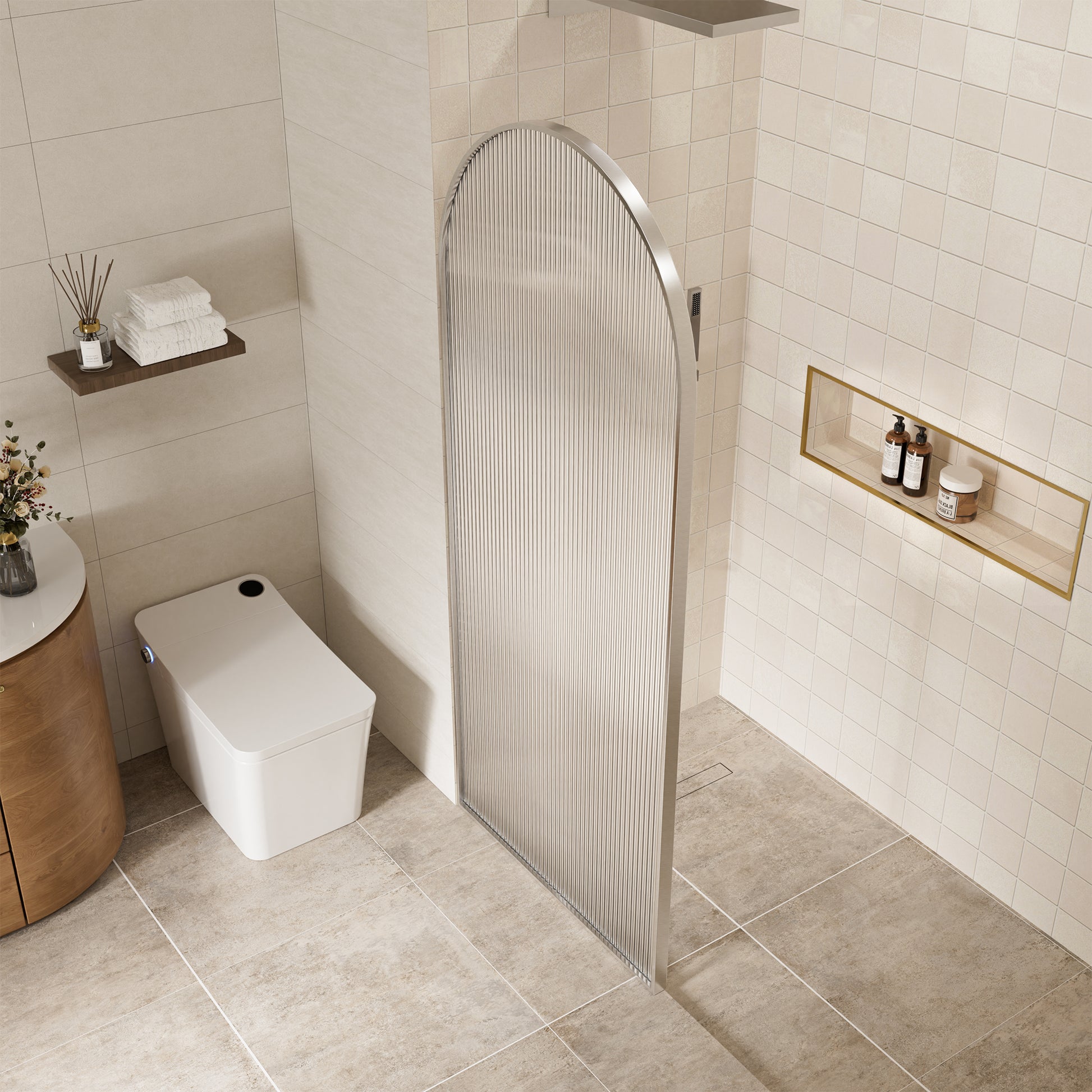 34"x78" Curved Frosted Glass Shower Screen with 10mm SGCC-Certified Tempered Glass