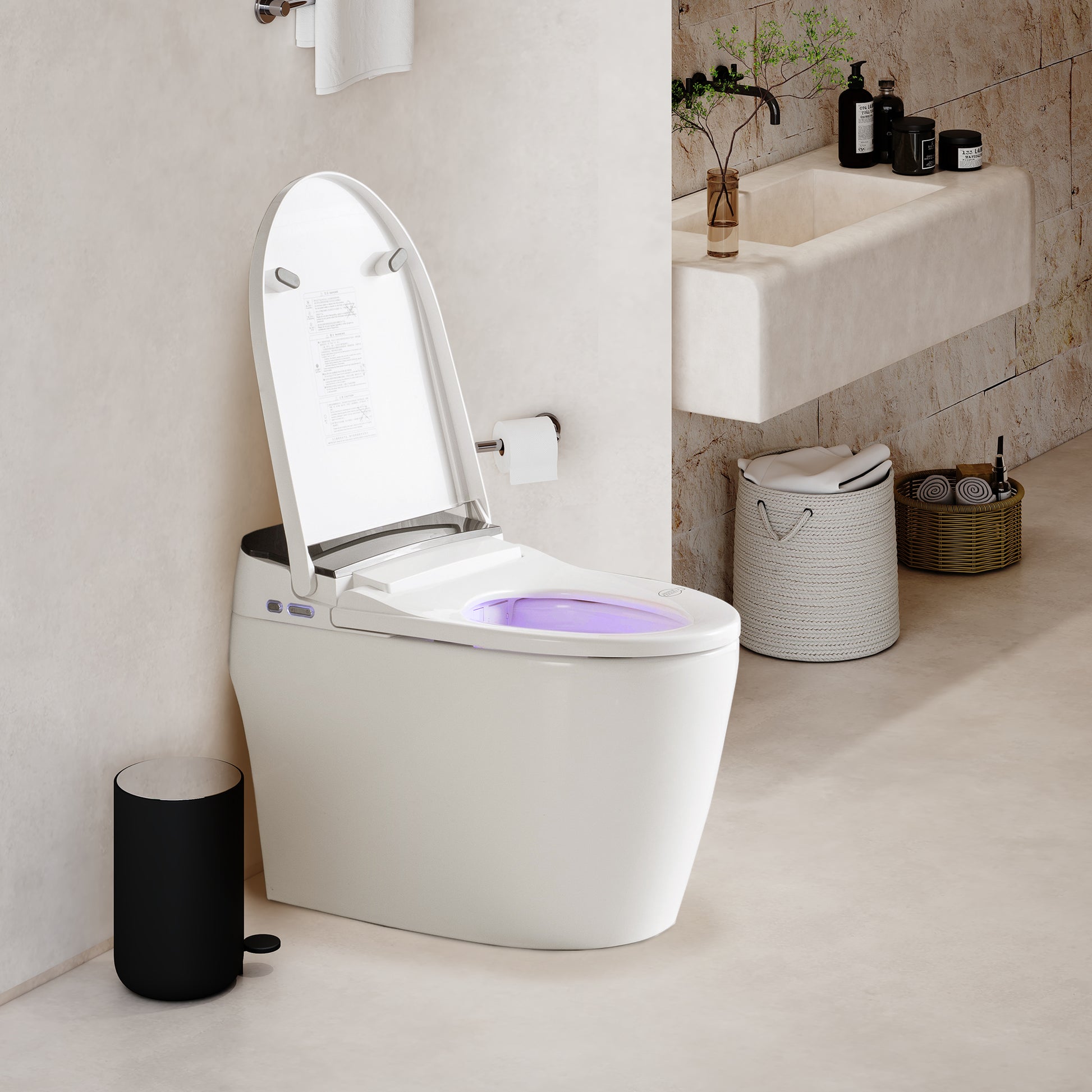 Smart Elongated Toilet with Built-in Heated Bidet Seat & Side Button