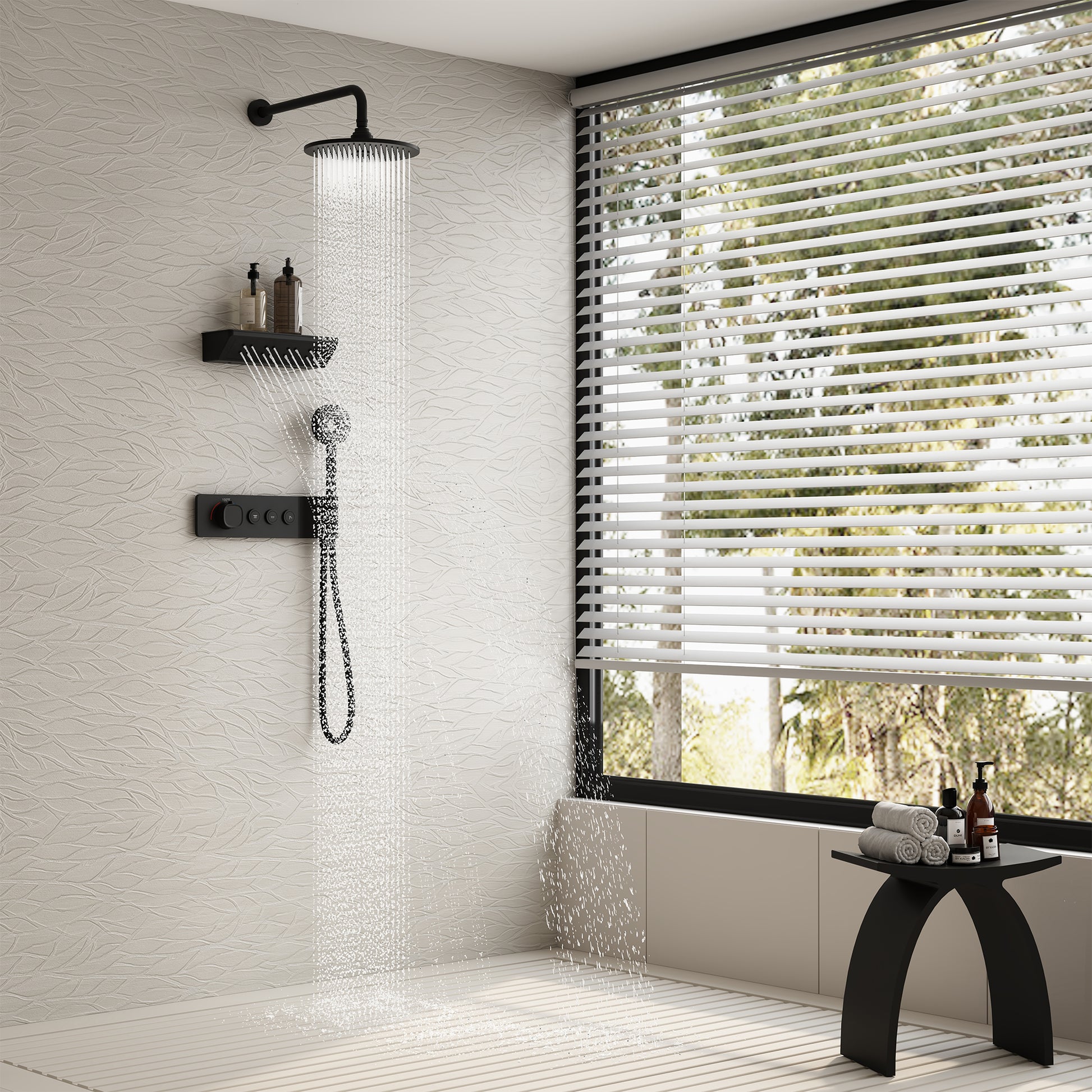 10-inch 3-Function Thermostatic Shower System with Neck Massage Jet
