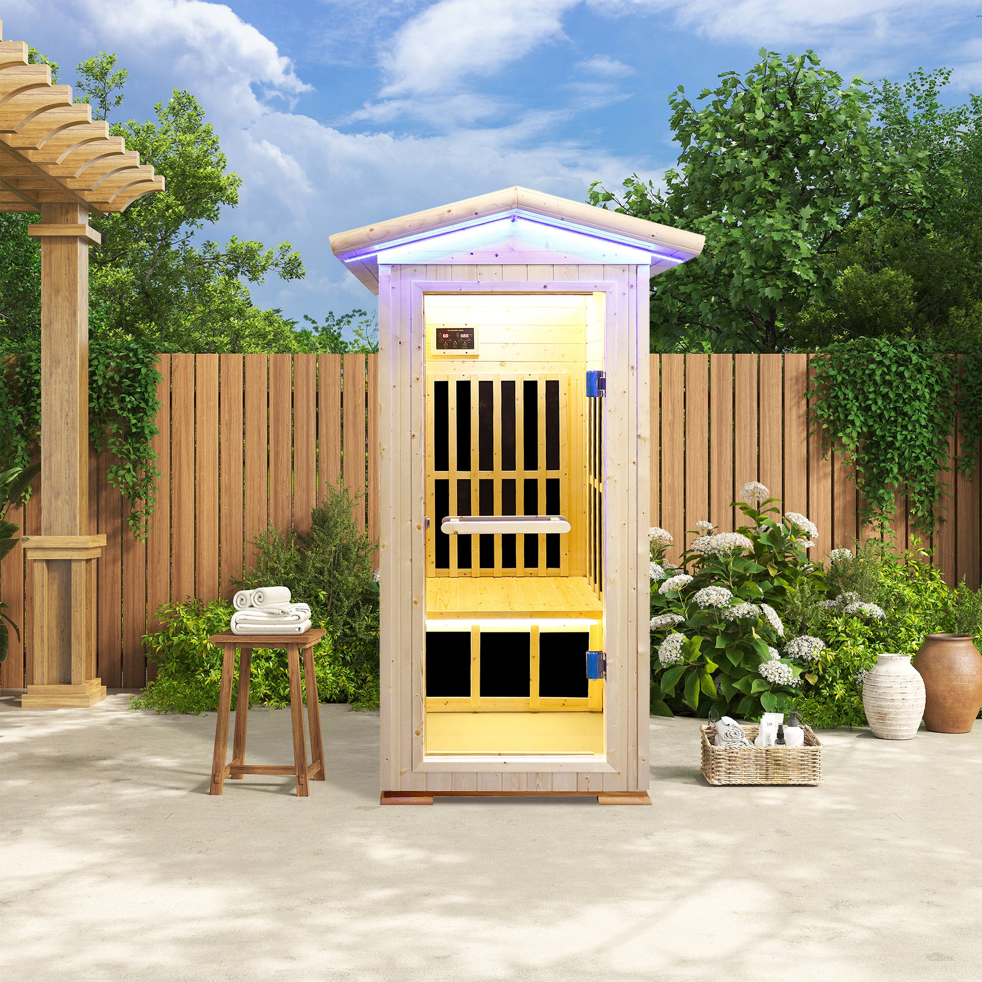 1-Person Spruce Outdoor Infrared Sauna with Bluetooth & Ambient Lighting