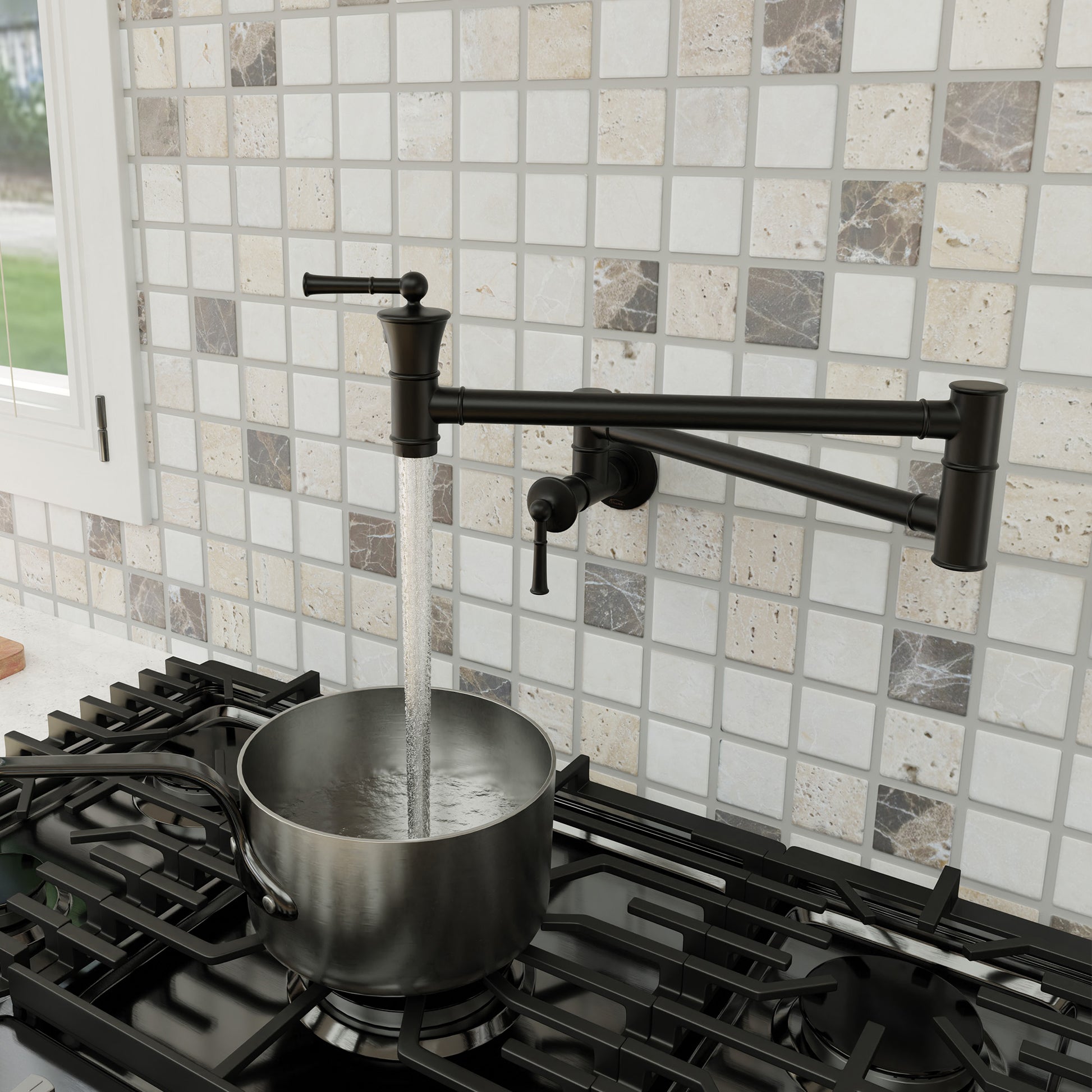 Wall-Mounted Kitchen Faucet with Dual Handles 360° Rotatable Pot Filler in Matte Black