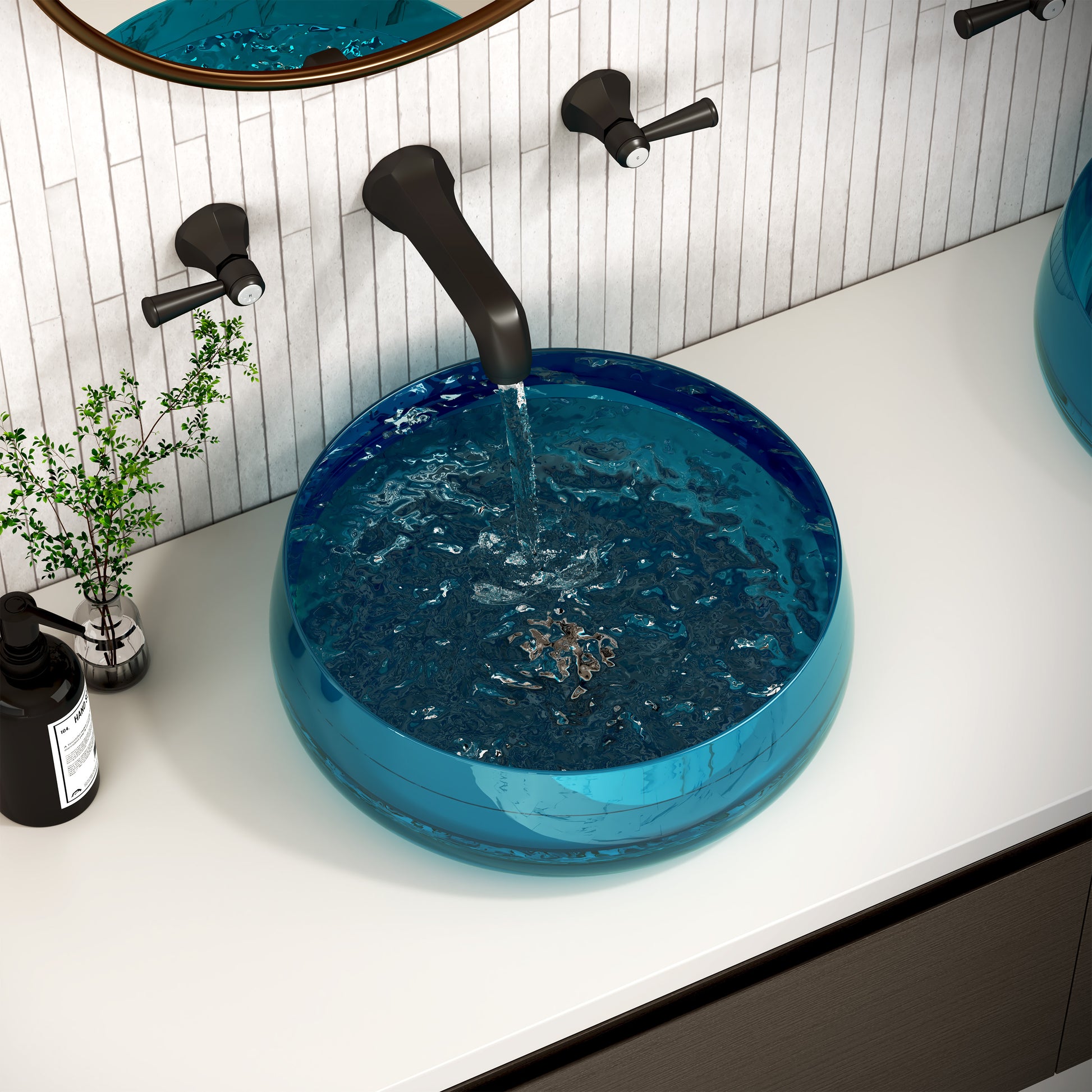 17.7" Round Transparent Resin Bathroom Vessel Sink with Drainer