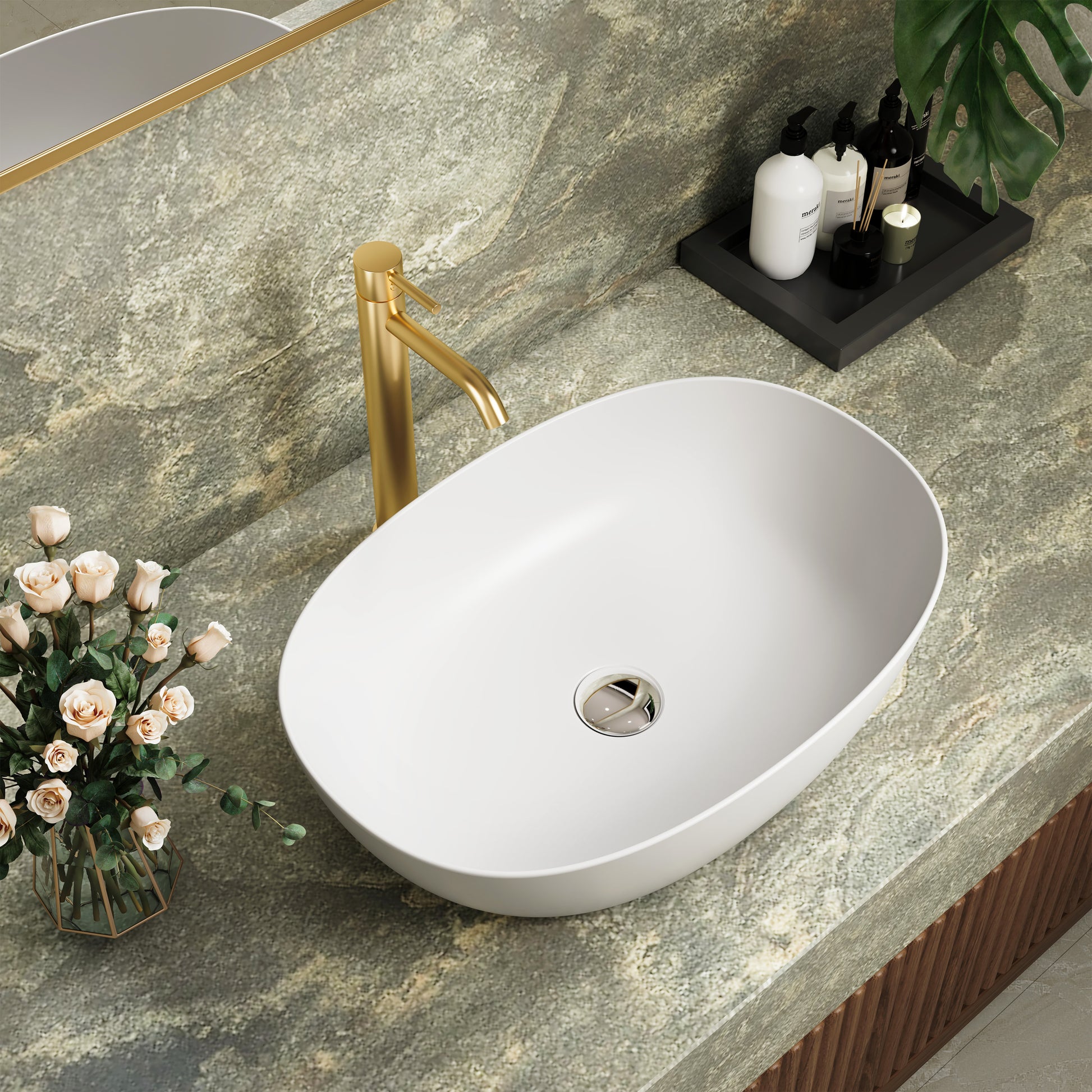 22" Oval Solid Surface Bathroom Vessel Sink in Matte White