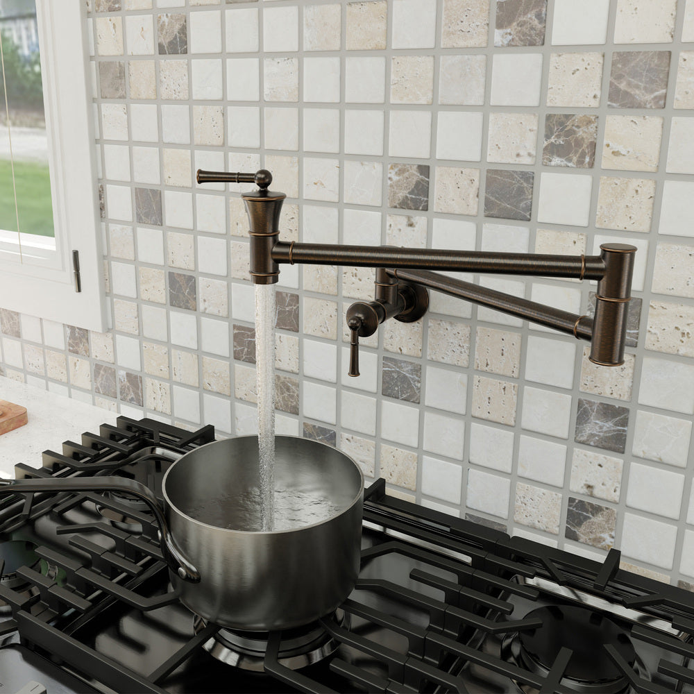 360° Dual-Handle Brass Pot Filler Faucet for Kitchen Wall-Mount Installation