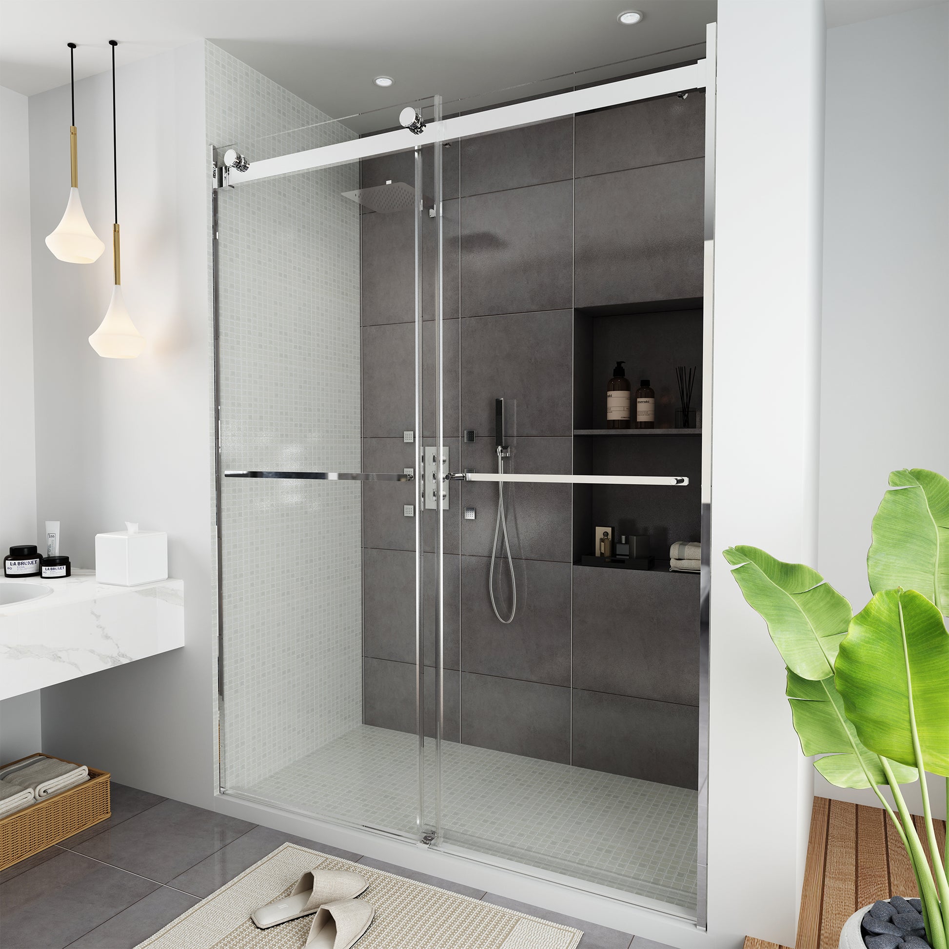 60"x76" Frameless Double Sliding Shower Door in Chrome/Brushed Nickel/Matte Black