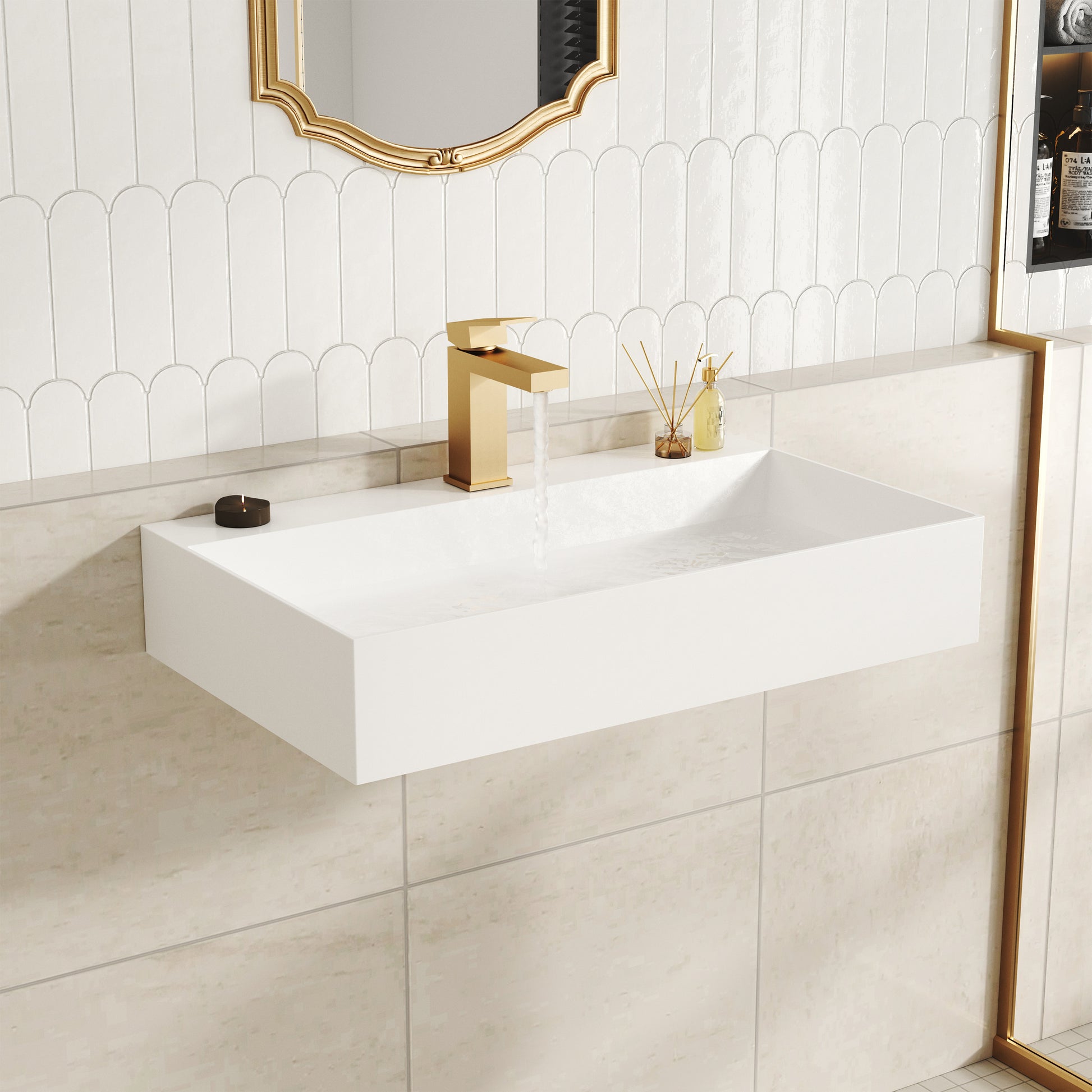 30"/42" Solid Surface Sink Wall Mount Stone Resin Bathroom Sink
