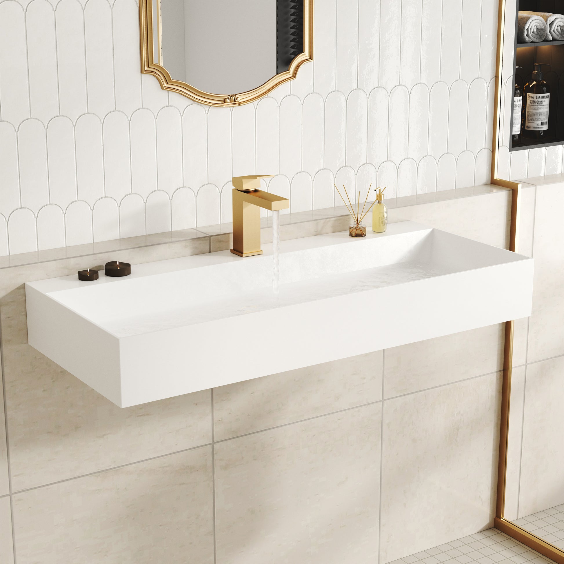 30"/42" Solid Surface Sink Wall Mount Stone Resin Bathroom Sink