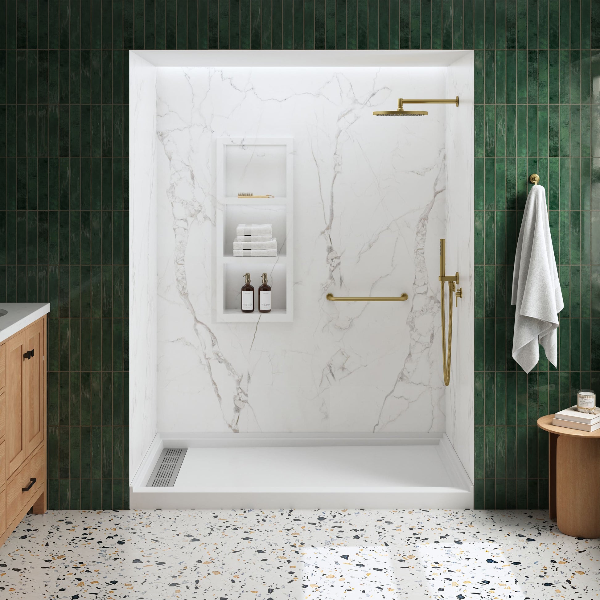 Cultured Marble Solid Surface Shower Base with Anti-Slip Textured Floor for Modern Bathrooms