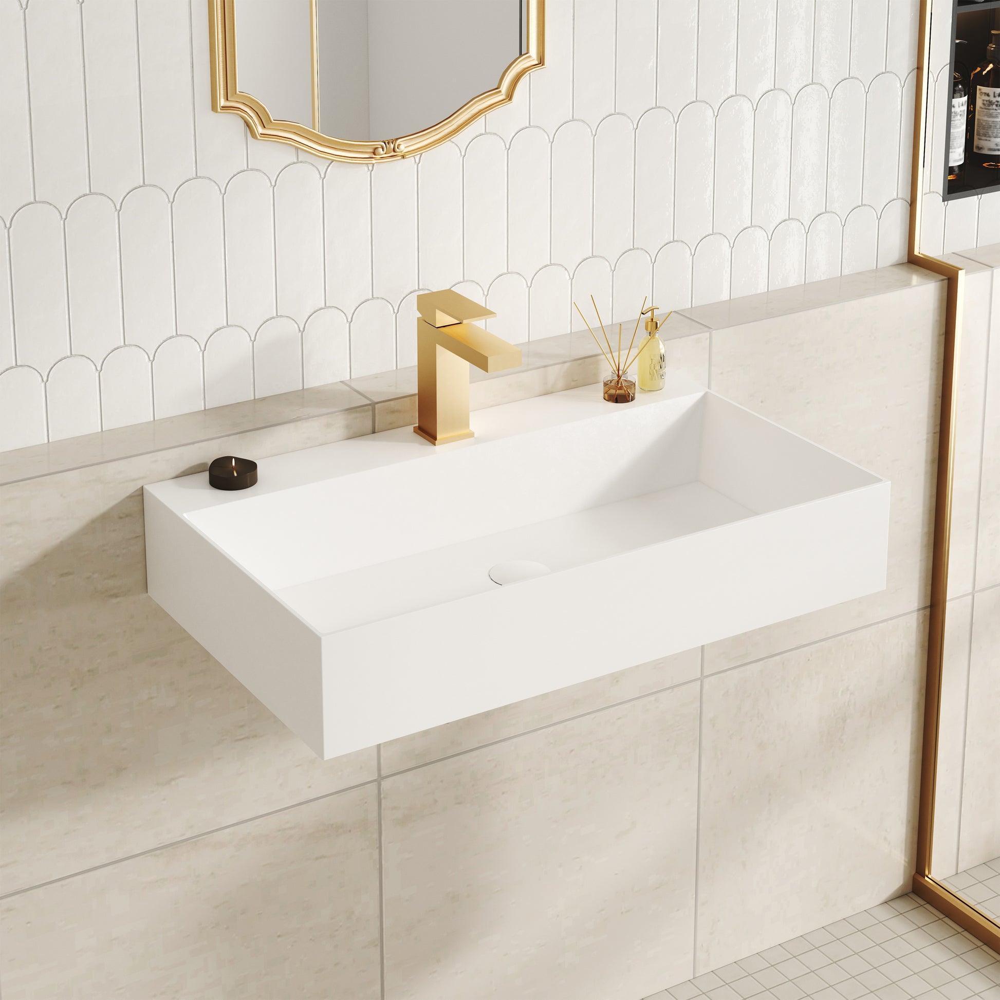 30"/42" Solid Surface Sink Wall Mount Stone Resin Bathroom Sink