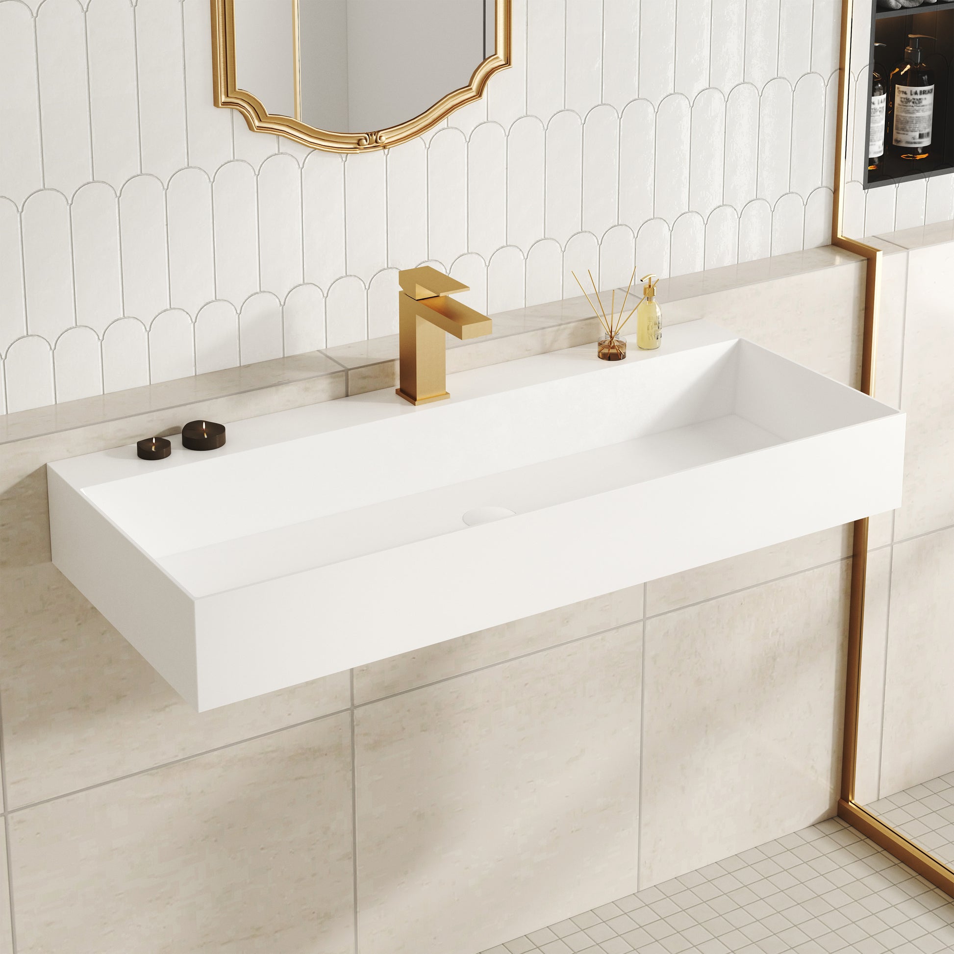 30"/42" Solid Surface Sink Wall Mount Stone Resin Bathroom Sink