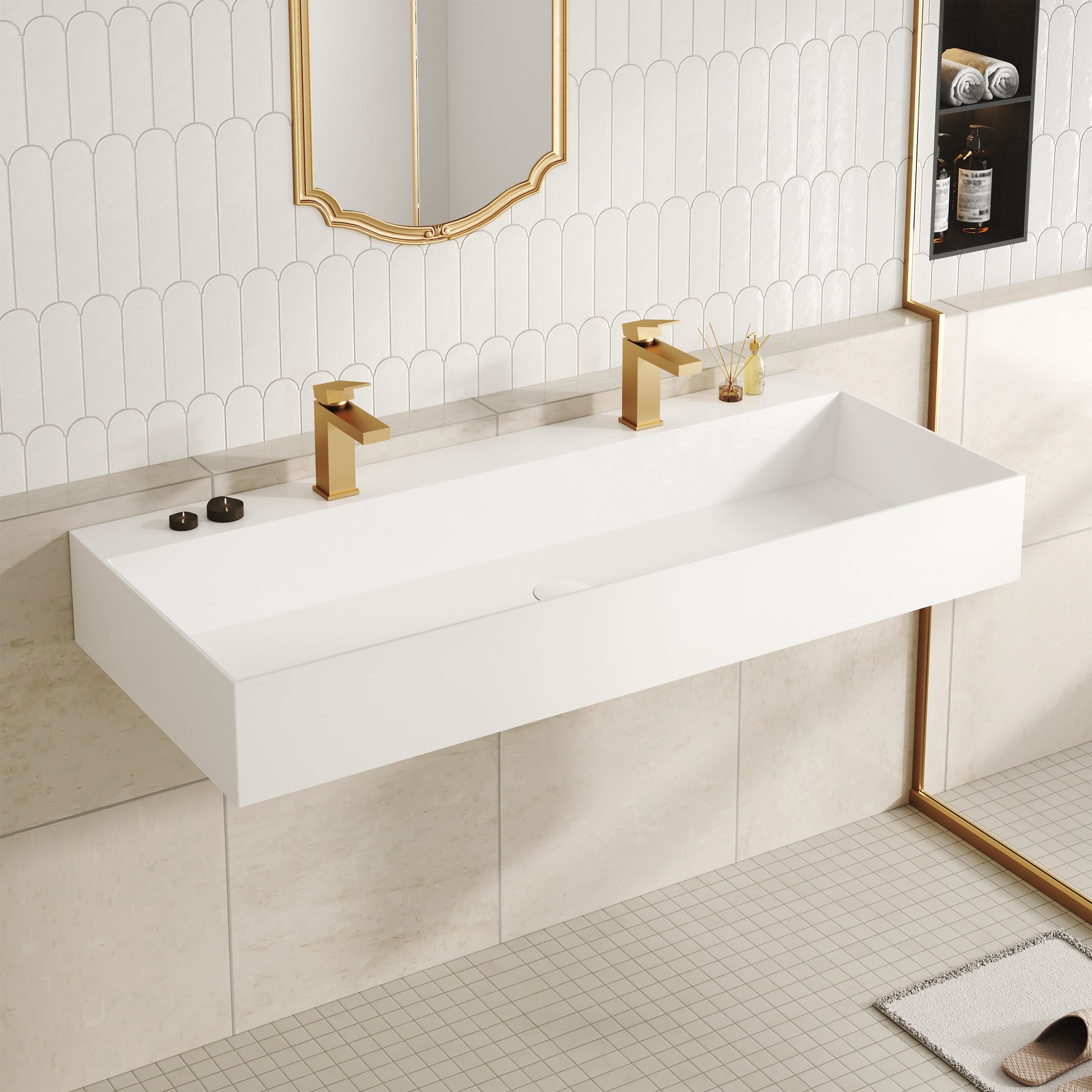 48" Wall Mounted Solid Surface Sink with 2 Faucet Holes