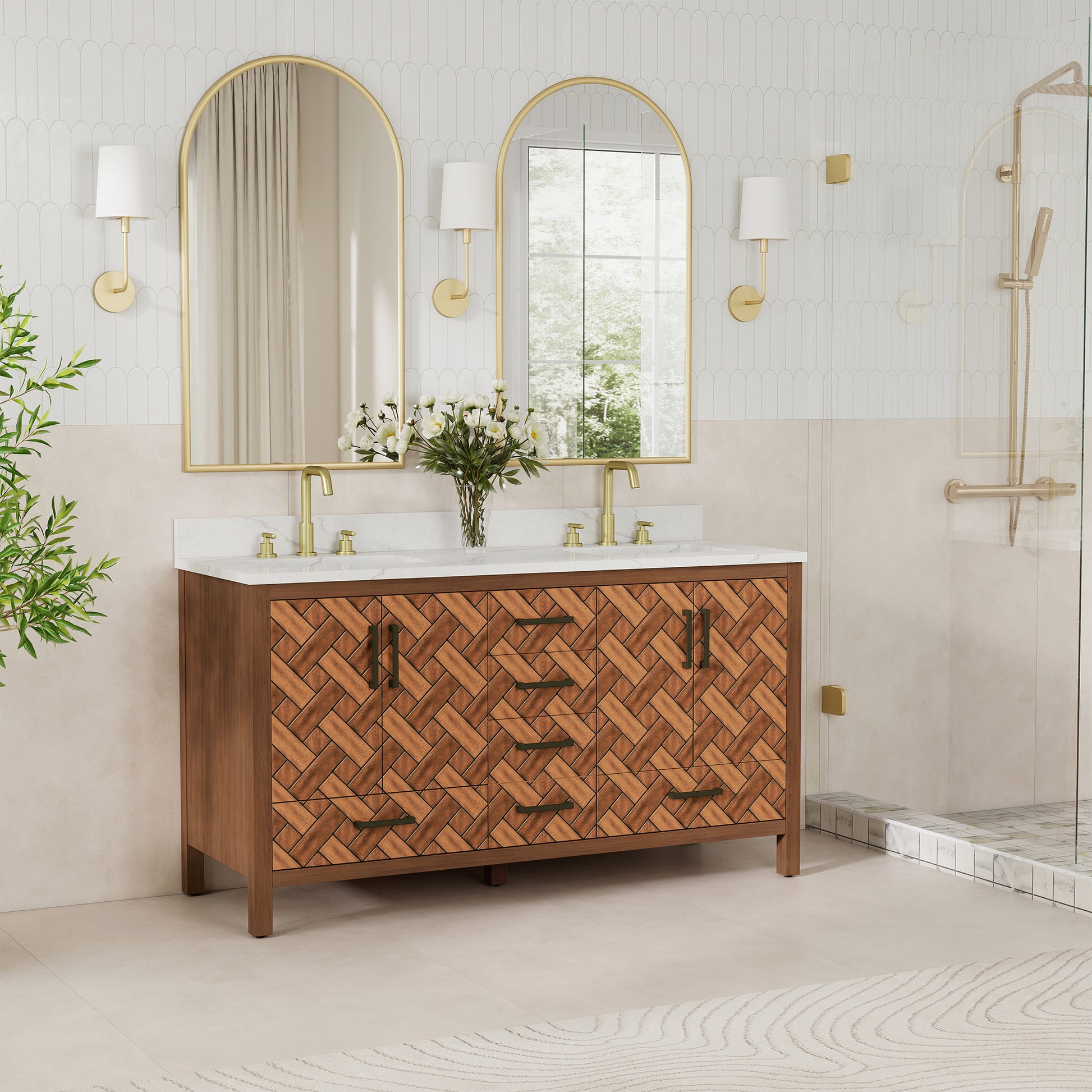 60" Double Sink Bathroom Vanity with Engineering Stone Top & 2 Basins