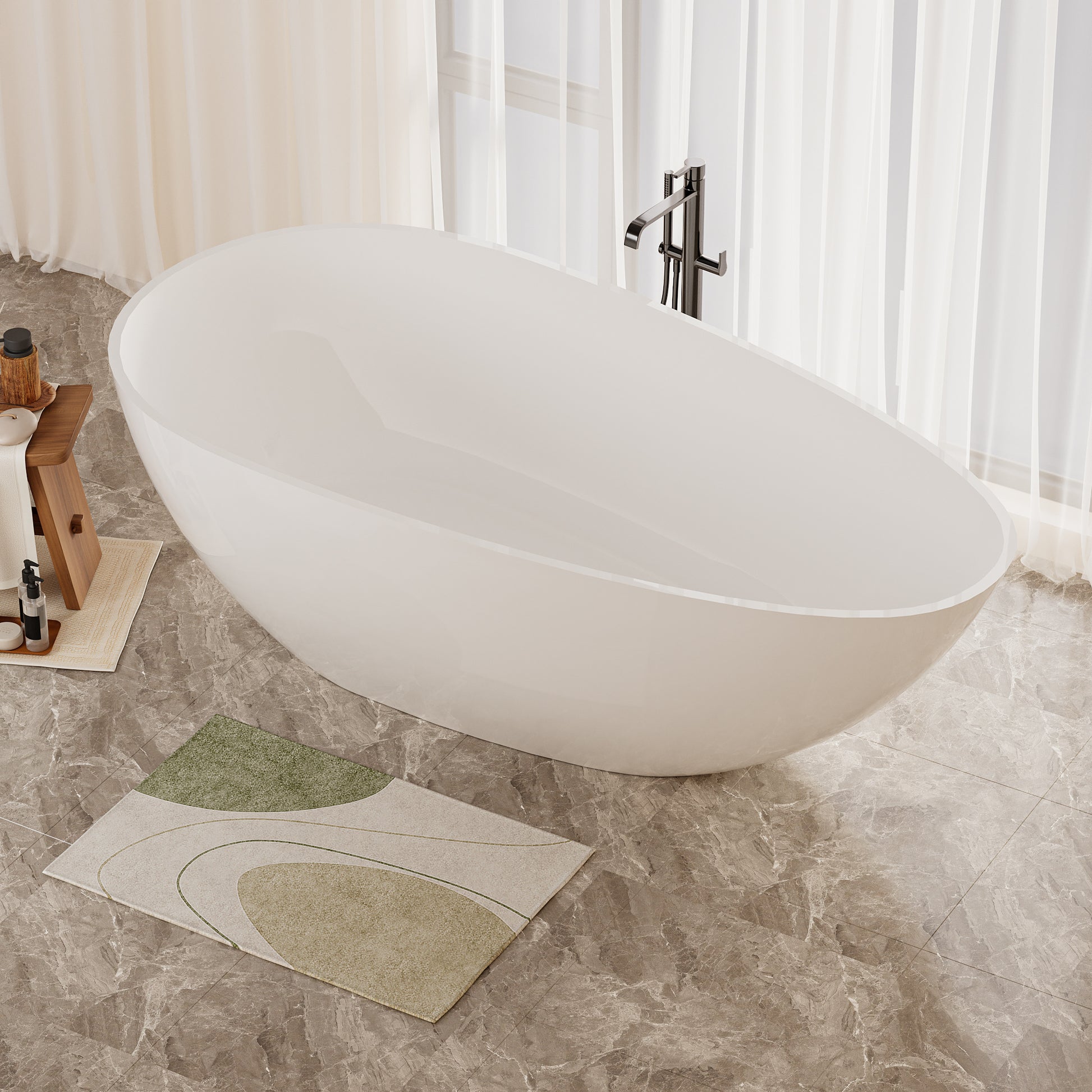 59" Luxury Handcrafted Freestanding Solid Surface Soaking Bathtub in Glossy White