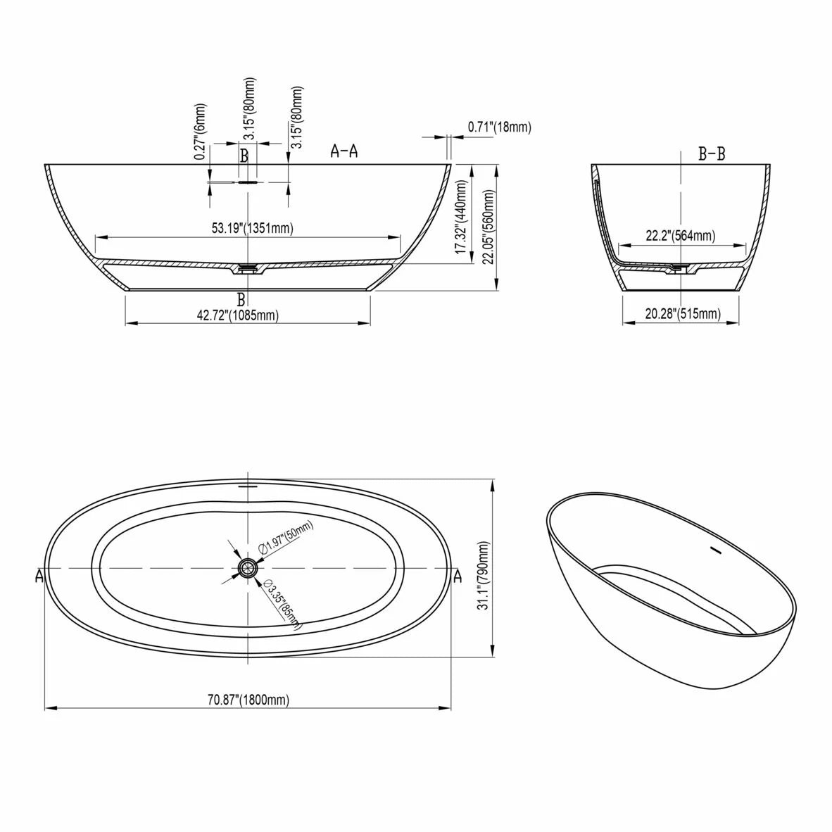 70.87" Solid Surface Freestanding Soaking Bathtub for Bathroom