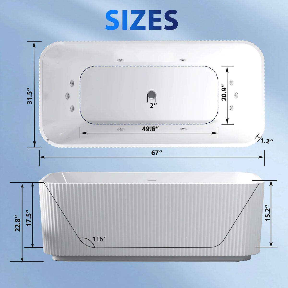 67" Gloss White Acrylic Whirlpool Freestanding Bathtub with 10 Jets and Vertical Fluted Exterior