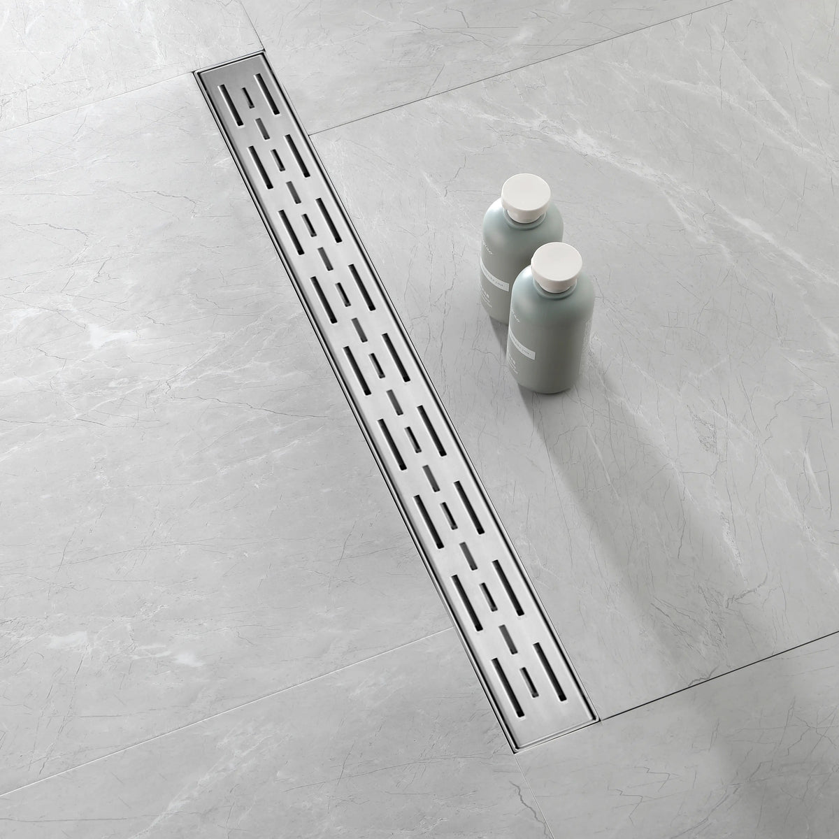 Linear Shower Drain with Brick Pattern Grate Cover and Hair Strainer in 304 Stainless Steel