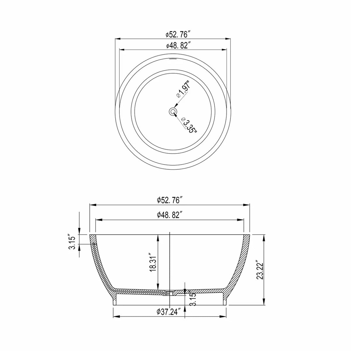 52.7" Round Freestanding Solid Surface Soaking Bathtub in Matte White