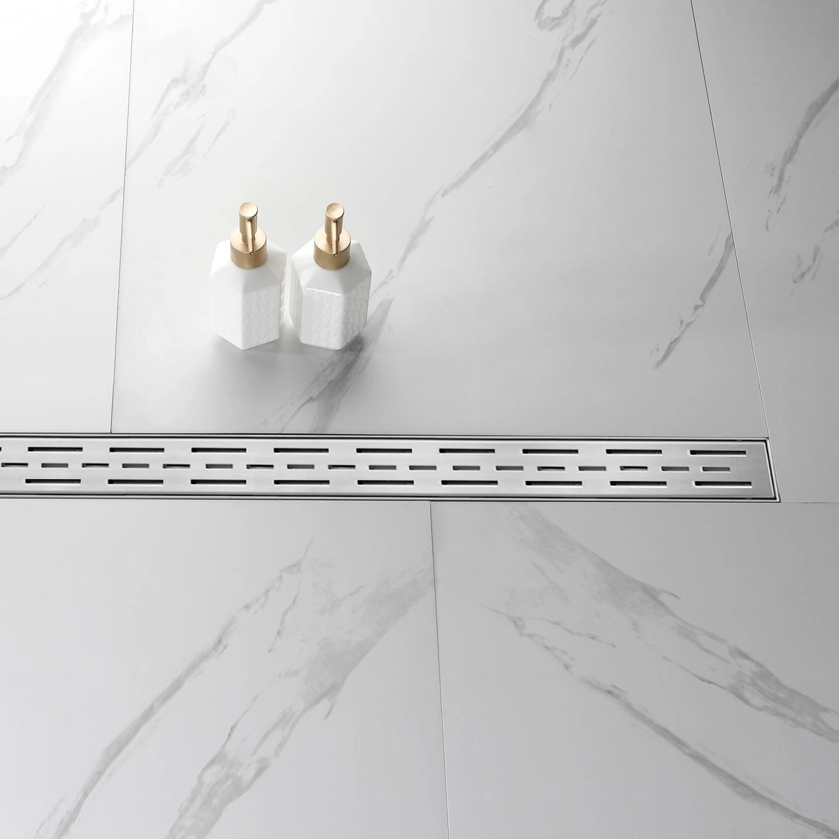 Linear Shower Drain with Brick Pattern Grate Cover and Hair Strainer in 304 Stainless Steel