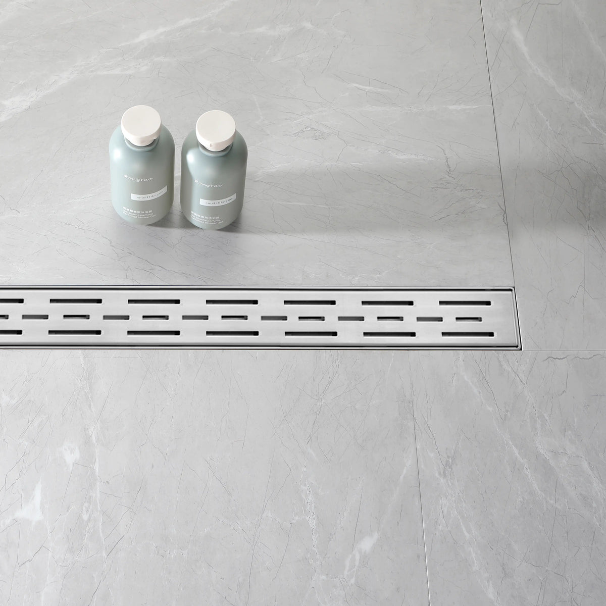 Linear Shower Drain with Brick Pattern Grate Cover and Hair Strainer in 304 Stainless Steel