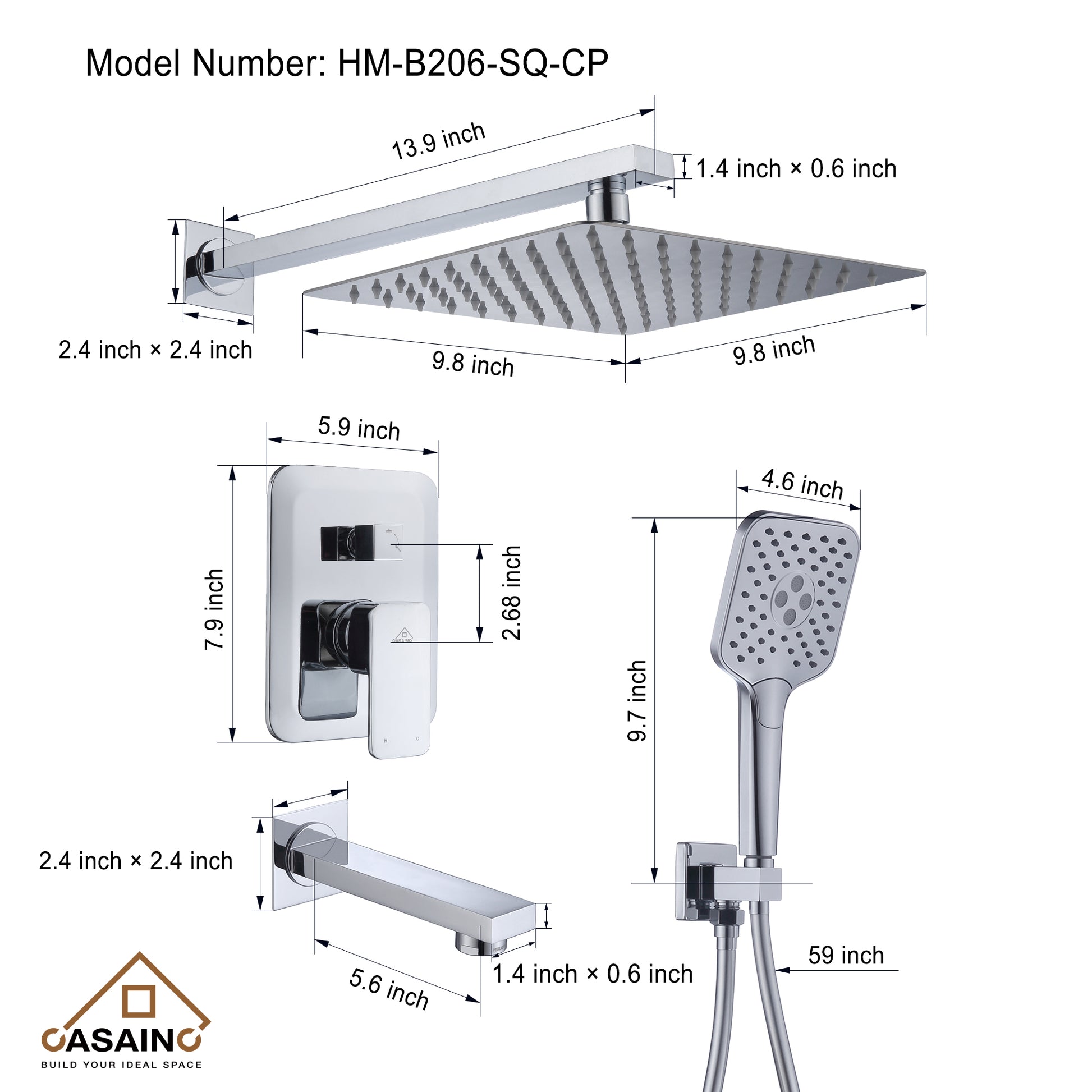 CASAINC 10 inch Square Wall-mounted rain shower faucet with pressure balanced valve