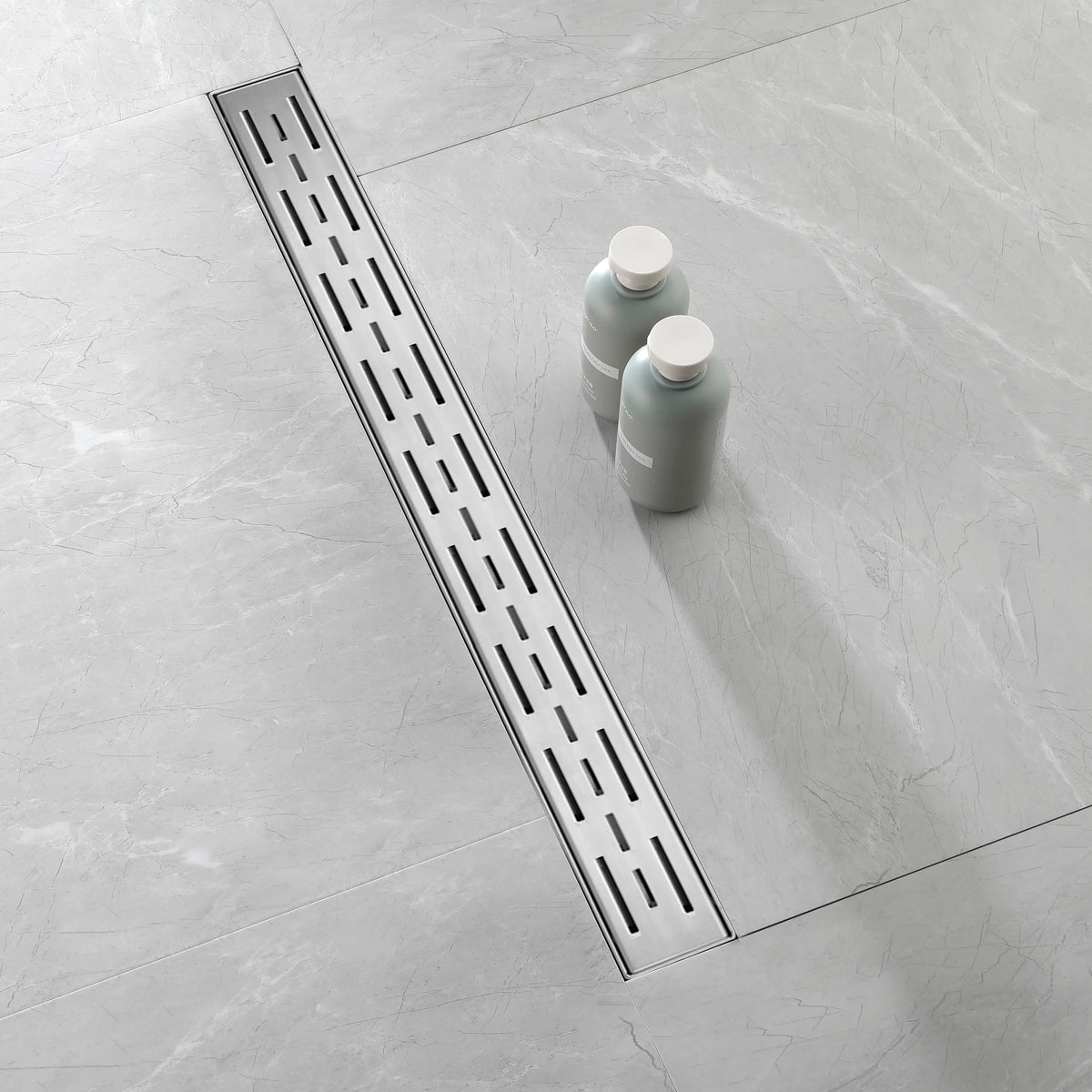 Linear Shower Drain with Brick Pattern Grate Cover and Hair Strainer in 304 Stainless Steel