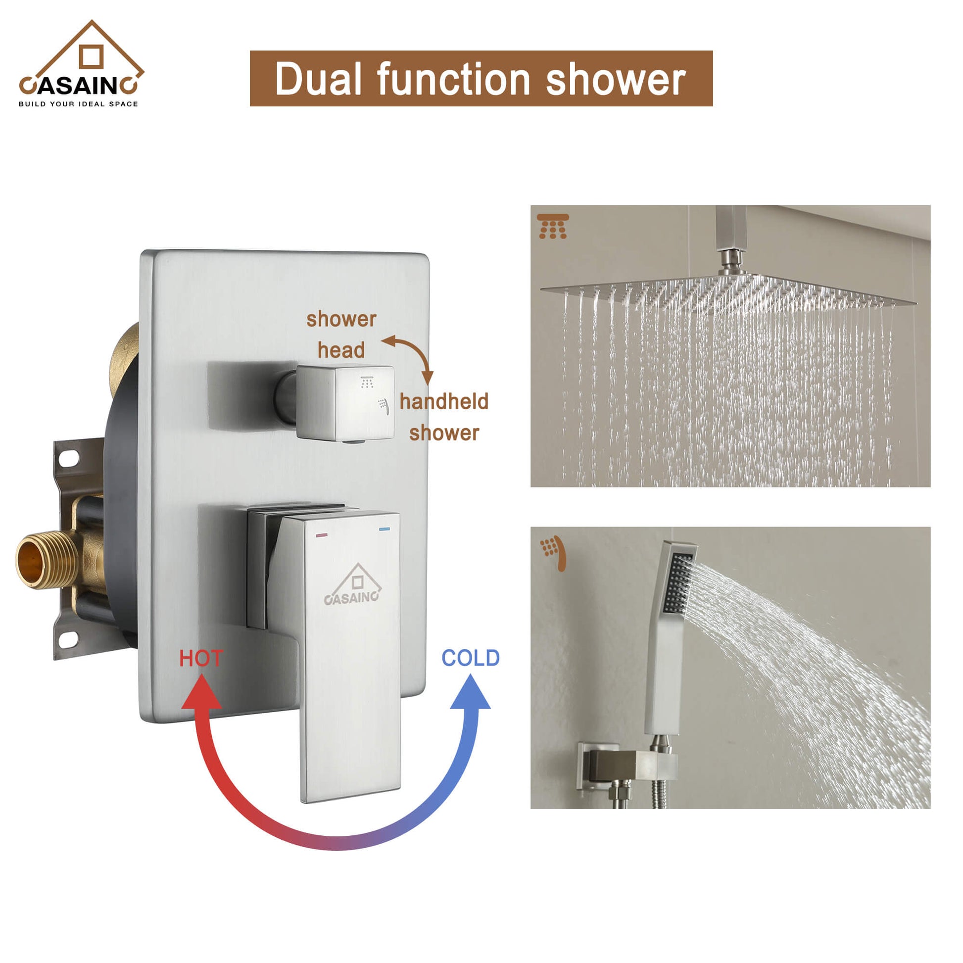 CASAINC 2-Function Shower System with Handheld Shower in Brushed Nickel/Matte Black