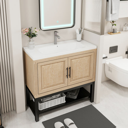 Freestanding Bathroom Vanity with White Ceramic Sink & Hot and Cold Faucet