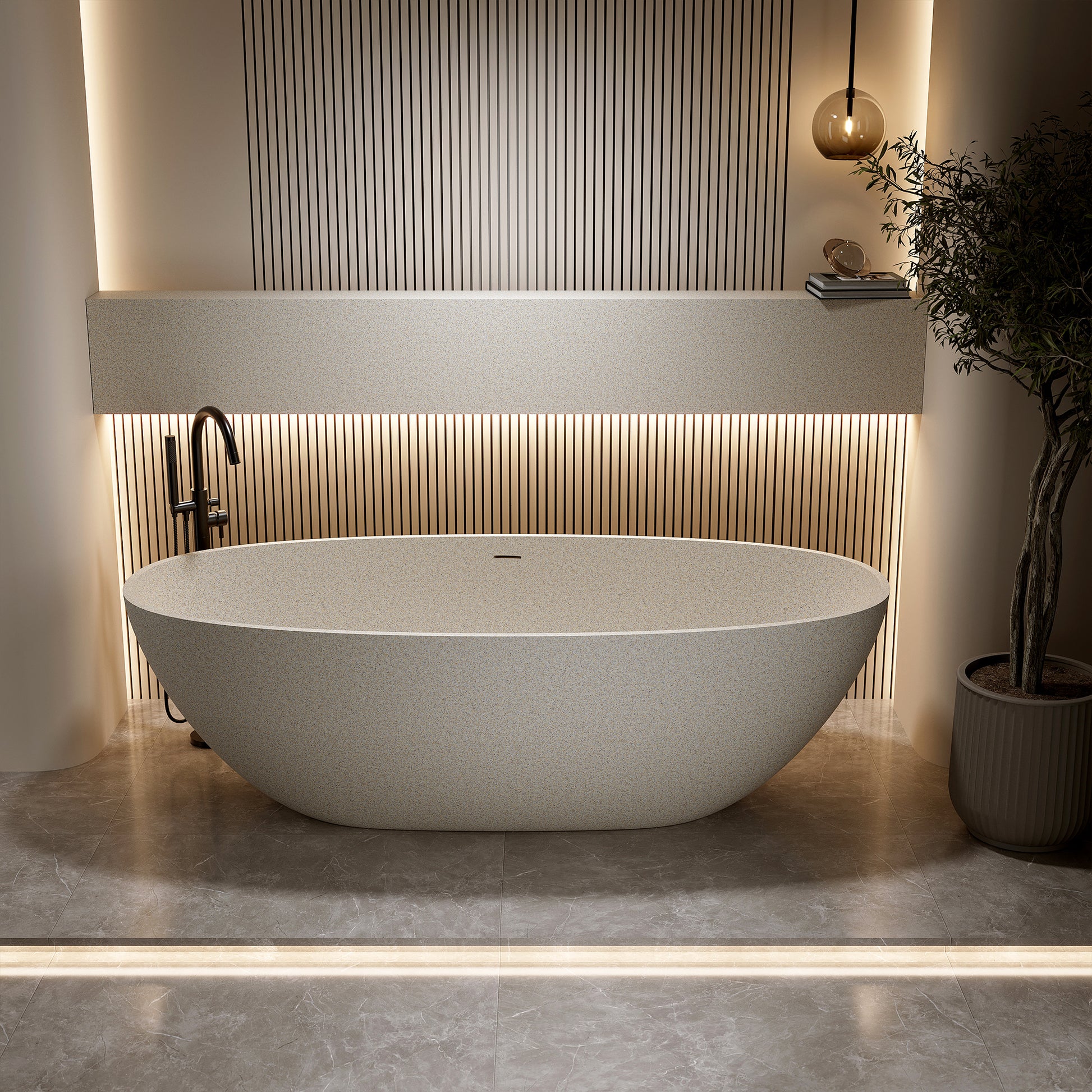 55"/59"/63"/67" Cream Grey Stone Resin Freestanding Soaking Bathtub with Center Overflow and Drain