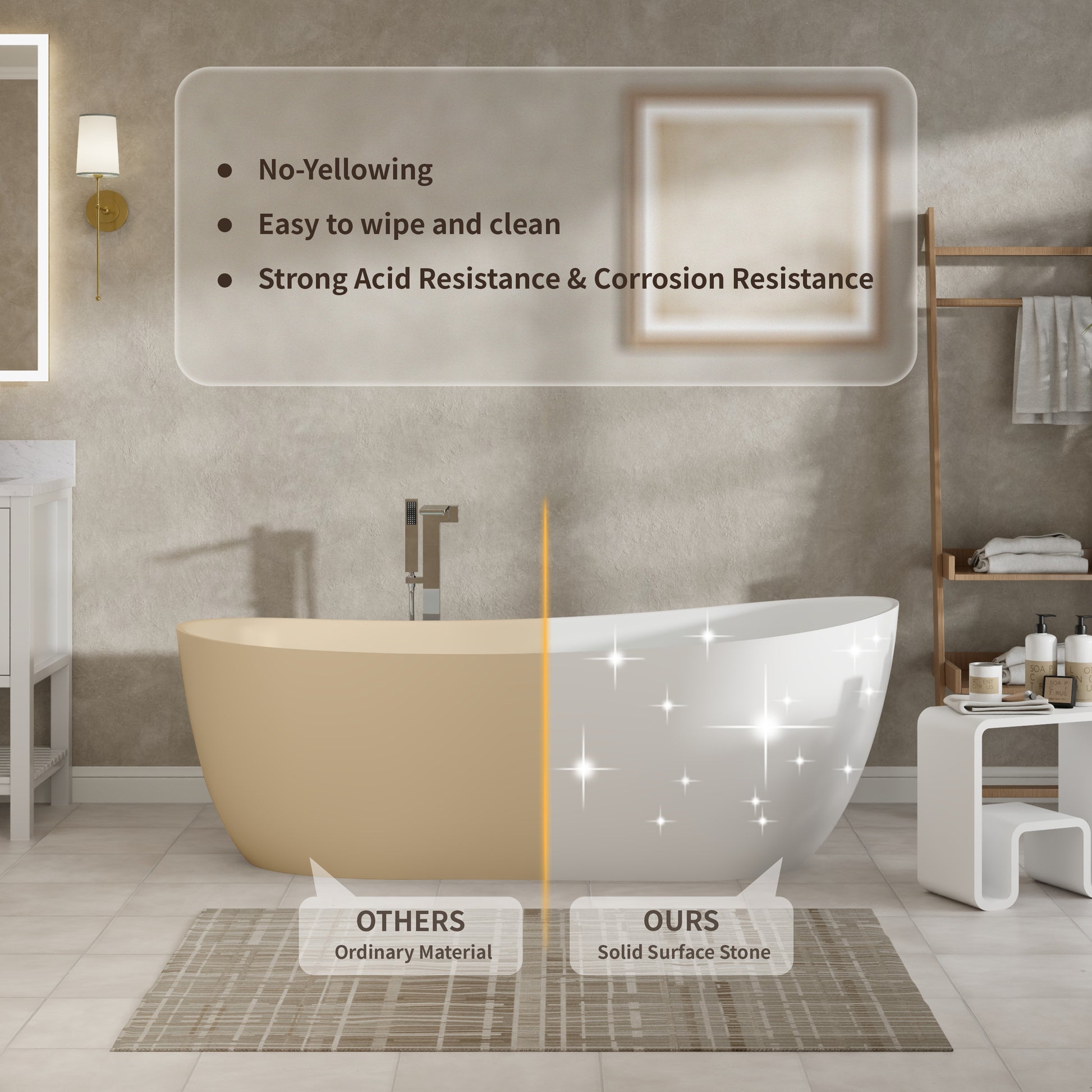 55"/63"/67"/71" Oval Freestanding Matte White Solid Surface Soaking Bathtub