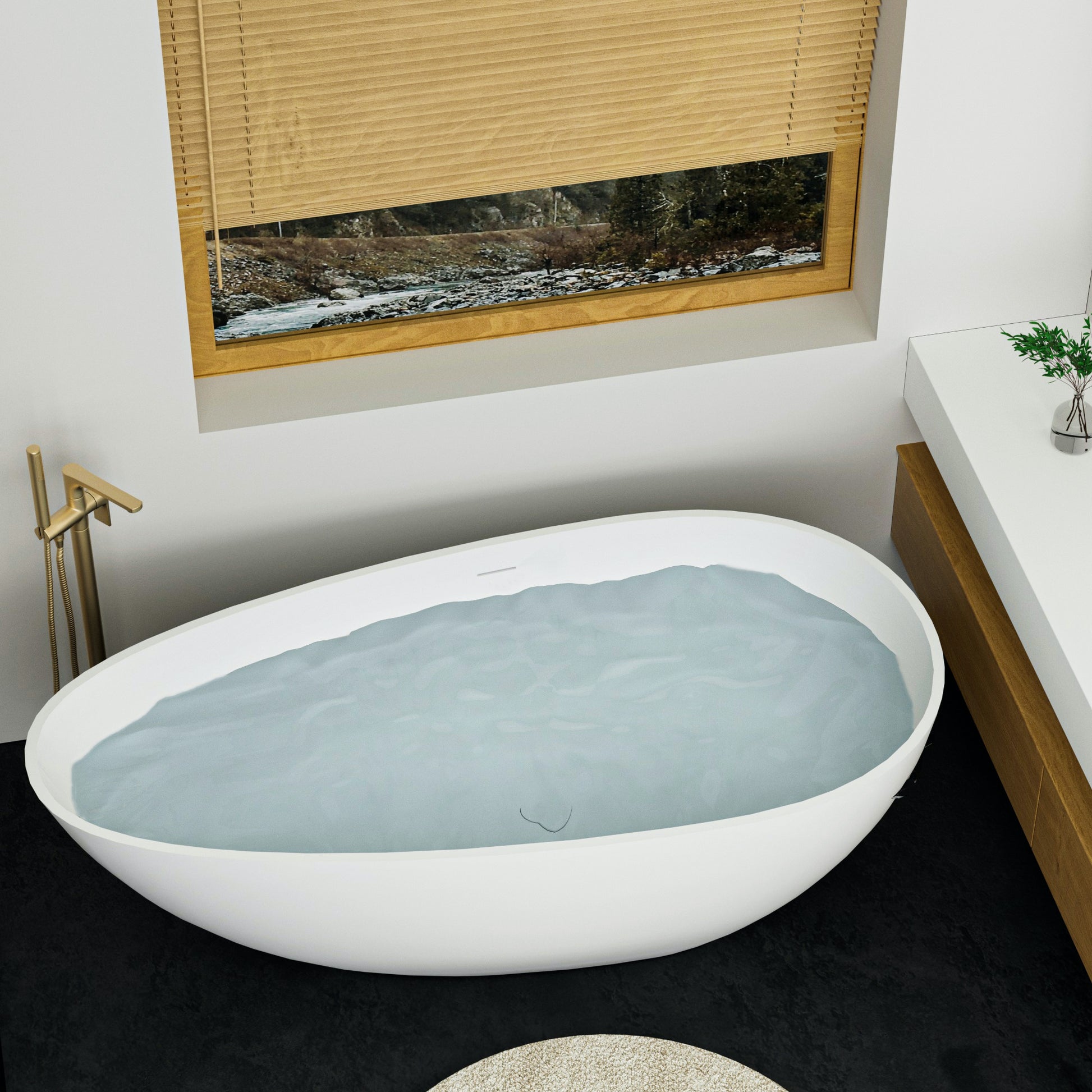59" Matte White Egg-Shaped Stone Resin Freestanding Soaking Tub, cUPC Certified