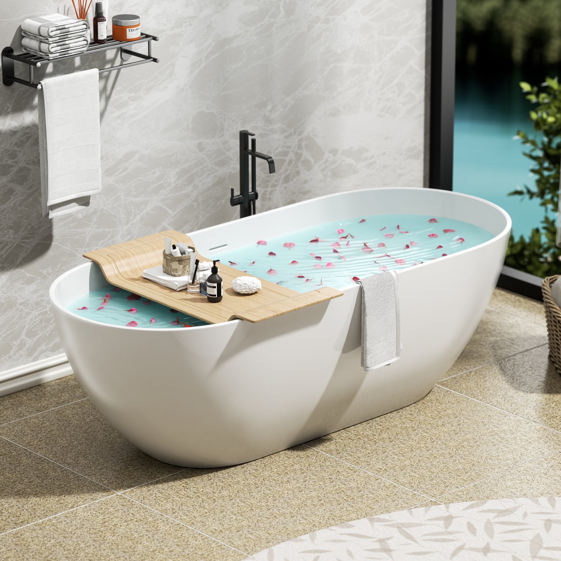 59"/63"/69" Modern Stone Resin Freestanding Soaking Tub with Spa-Level Comfort