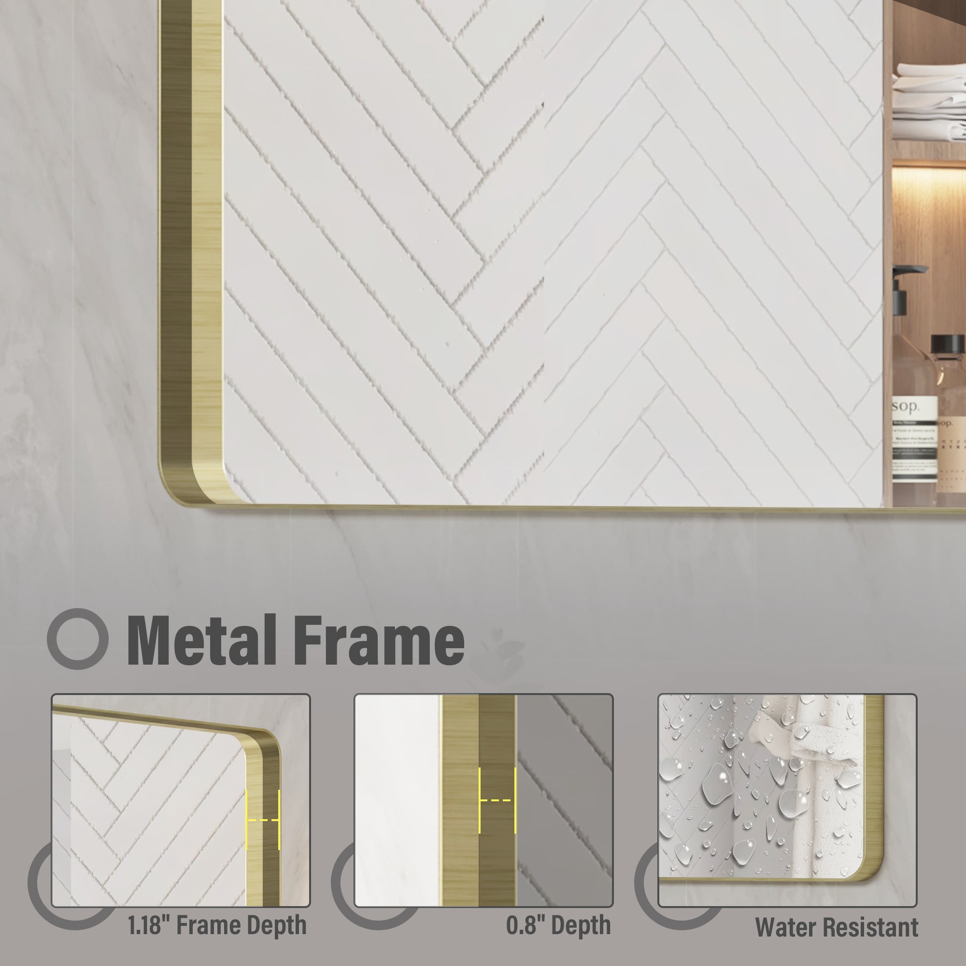Tempered Glass Wall-Mounted Mirror with Gold Metal Frame