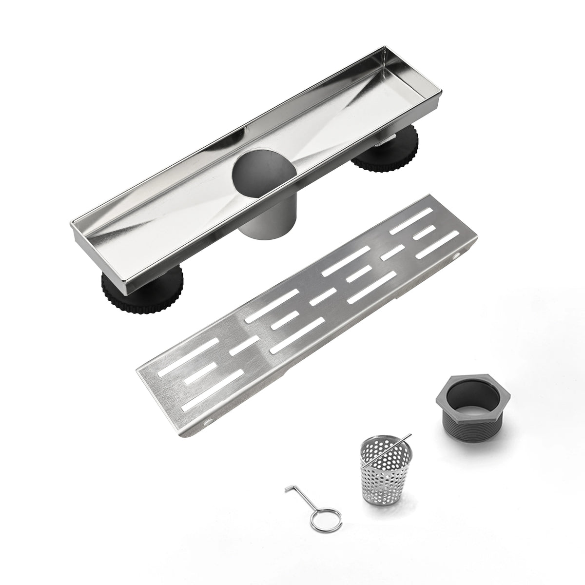 Linear Shower Drain with Brick Pattern Grate Cover and Hair Strainer in 304 Stainless Steel