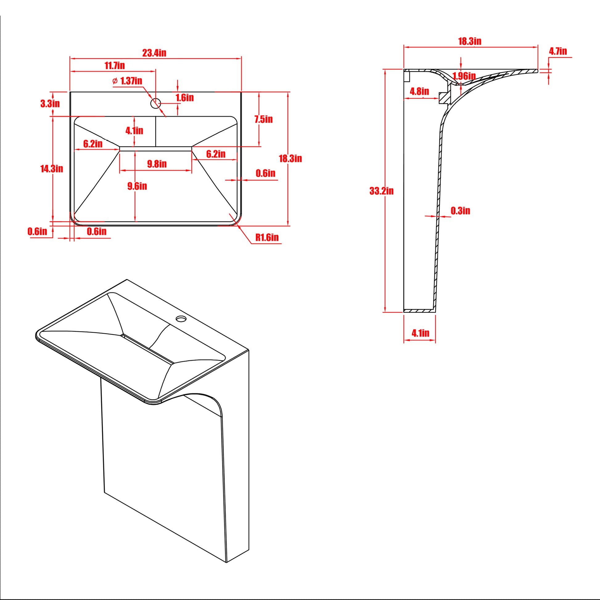 Architectural Matte White Solid Surface Wall-Mounted Pedestal Sink