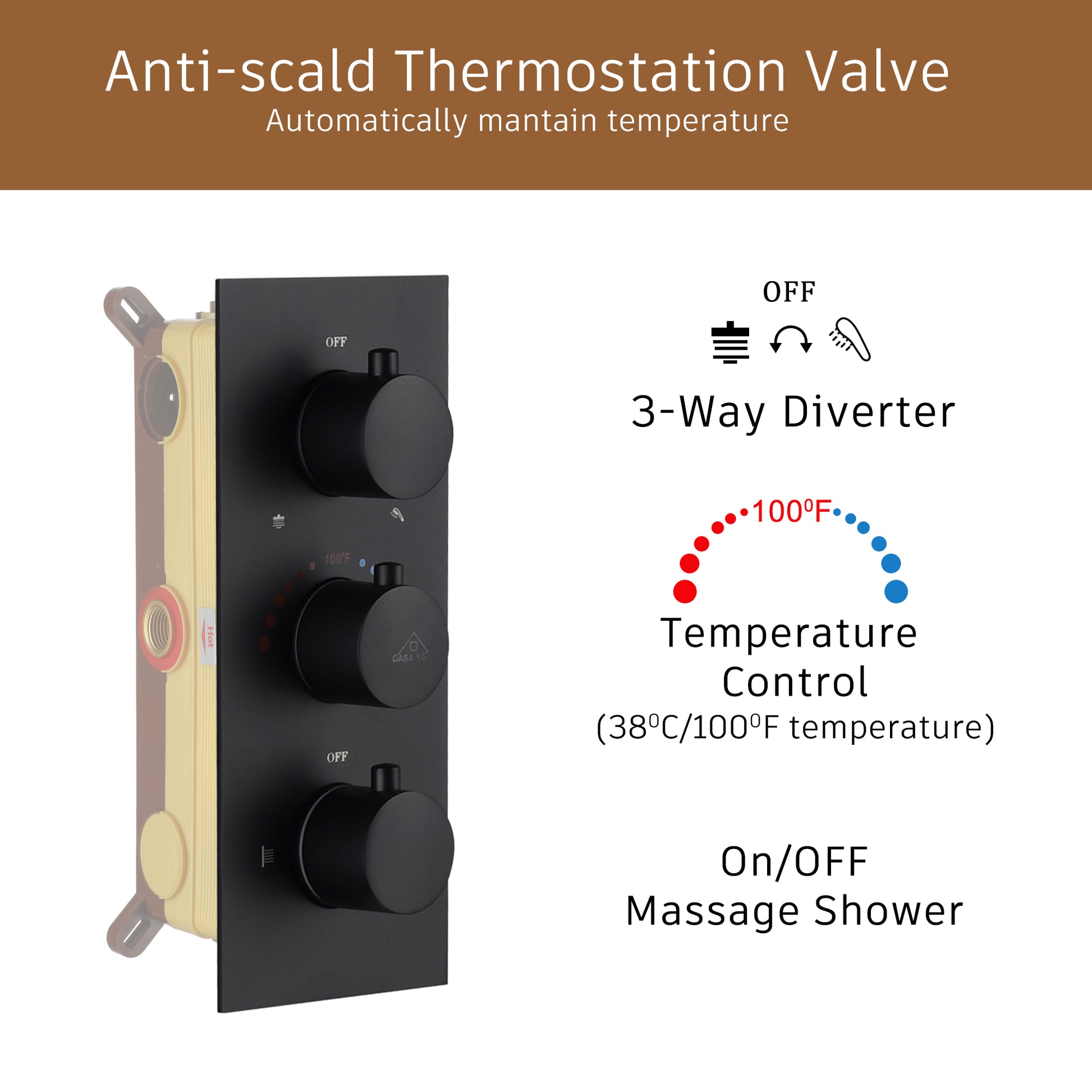 12" Thermostatic Complete Shower System with Rough-in Valve & 6 Body Jets