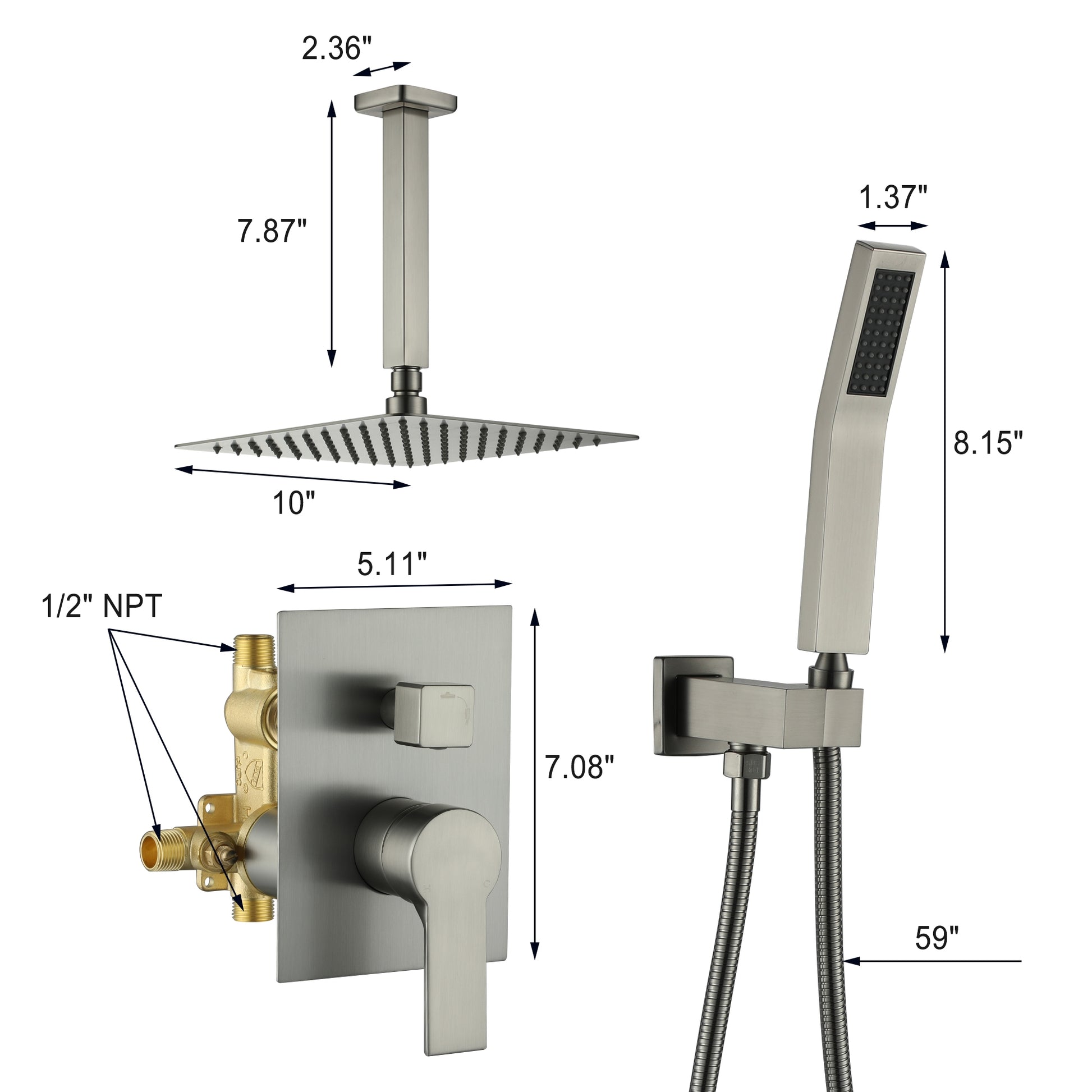 10" Ceiling-Mount Rain Shower System with Handheld Shower in Brushed Nickel