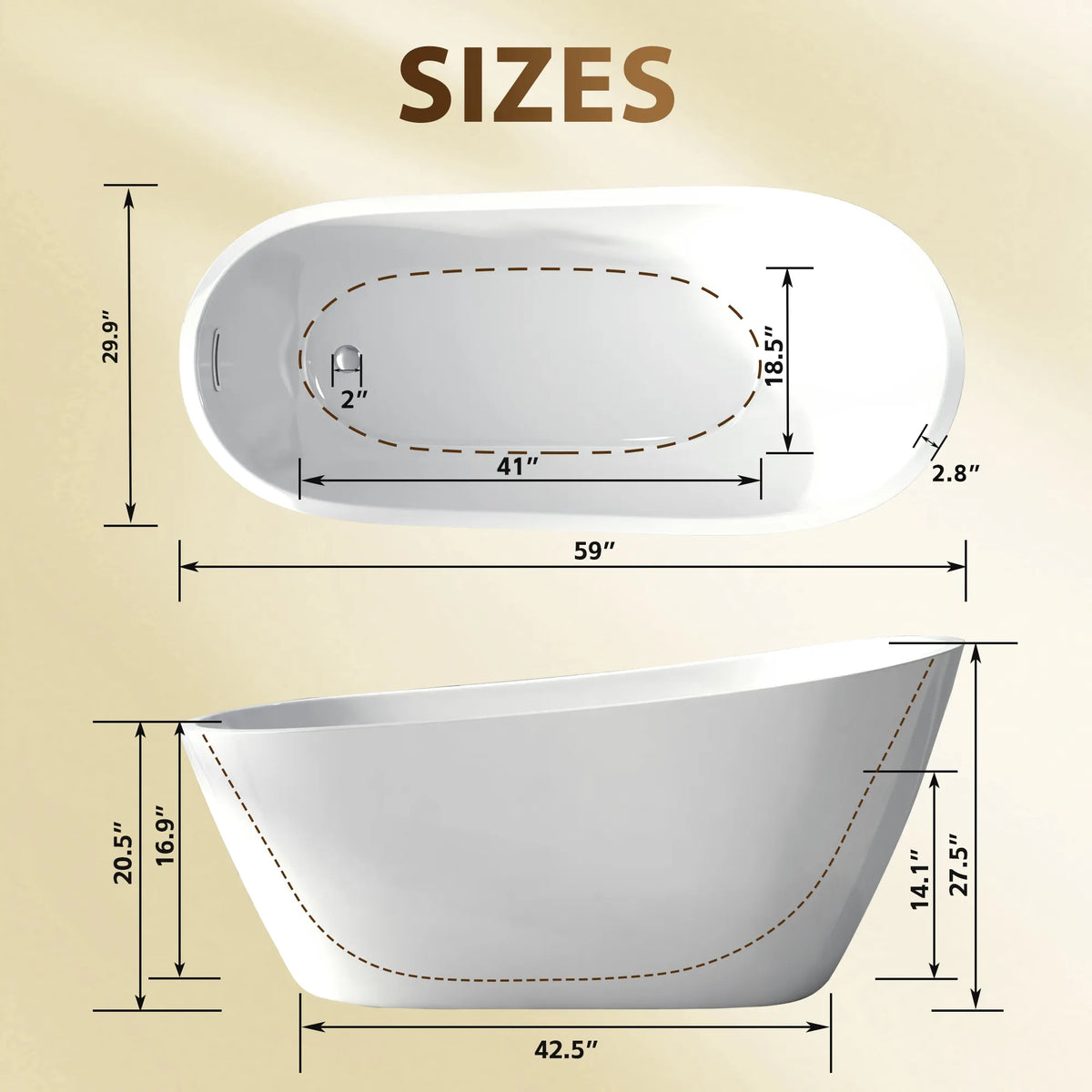 59"/67" Special-Shaped Acrylic Freestanding Slipper Bathtub in Gloss White with Overflow and Drain