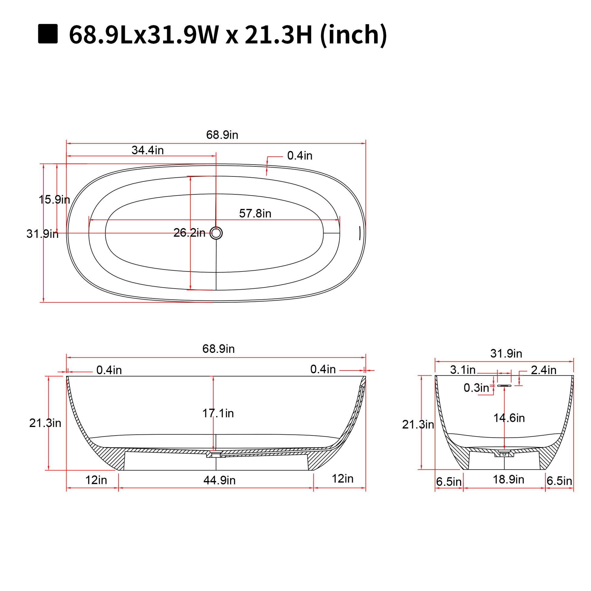 57"/61"/65"/69" Cream Grey Stone Resin Freestanding Soaking Bathtub with One-Side Overflow