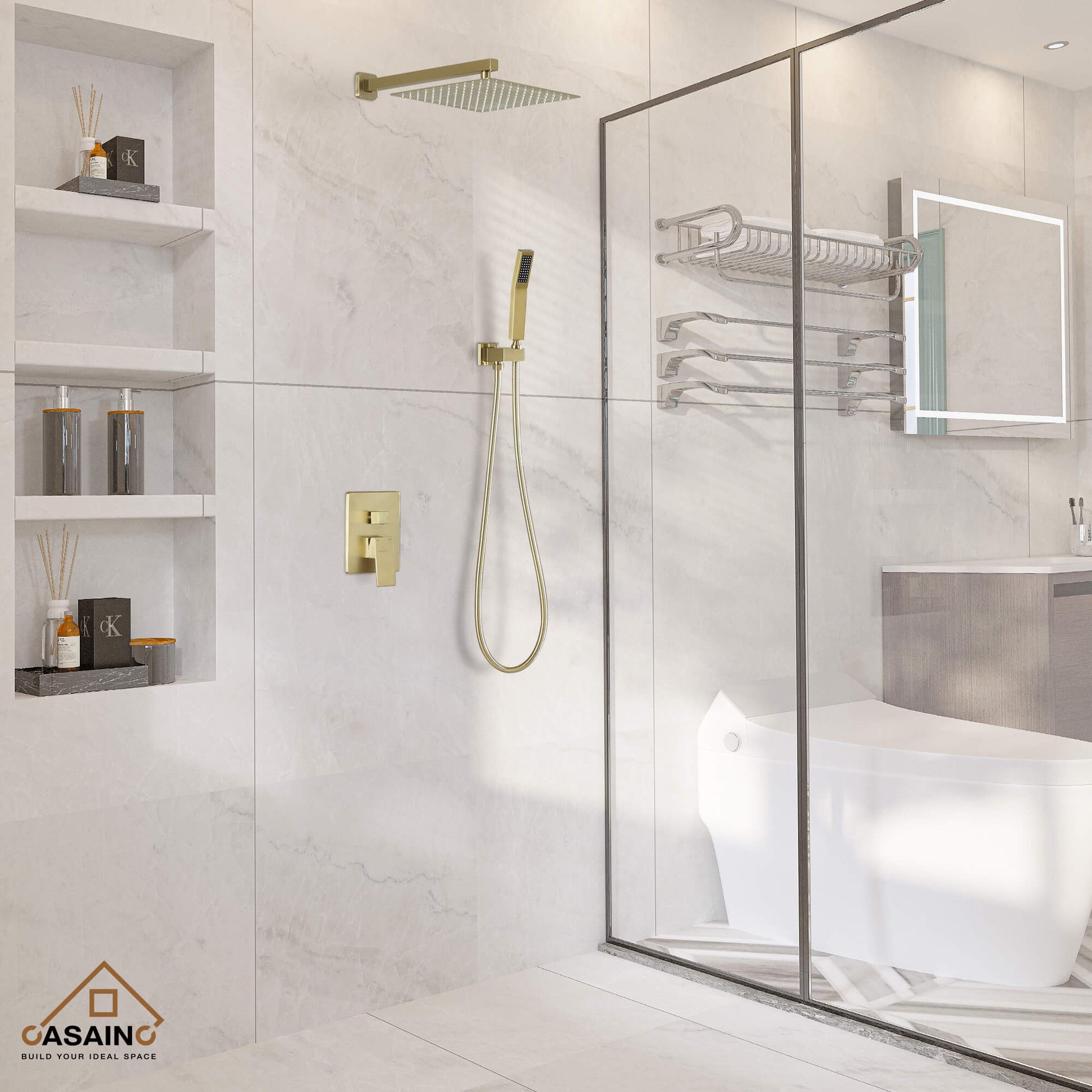 Casainc 2-Function Wall-Mounted/Ceiling-Mounted Shower System with Handheld Shower in Brushed Gold