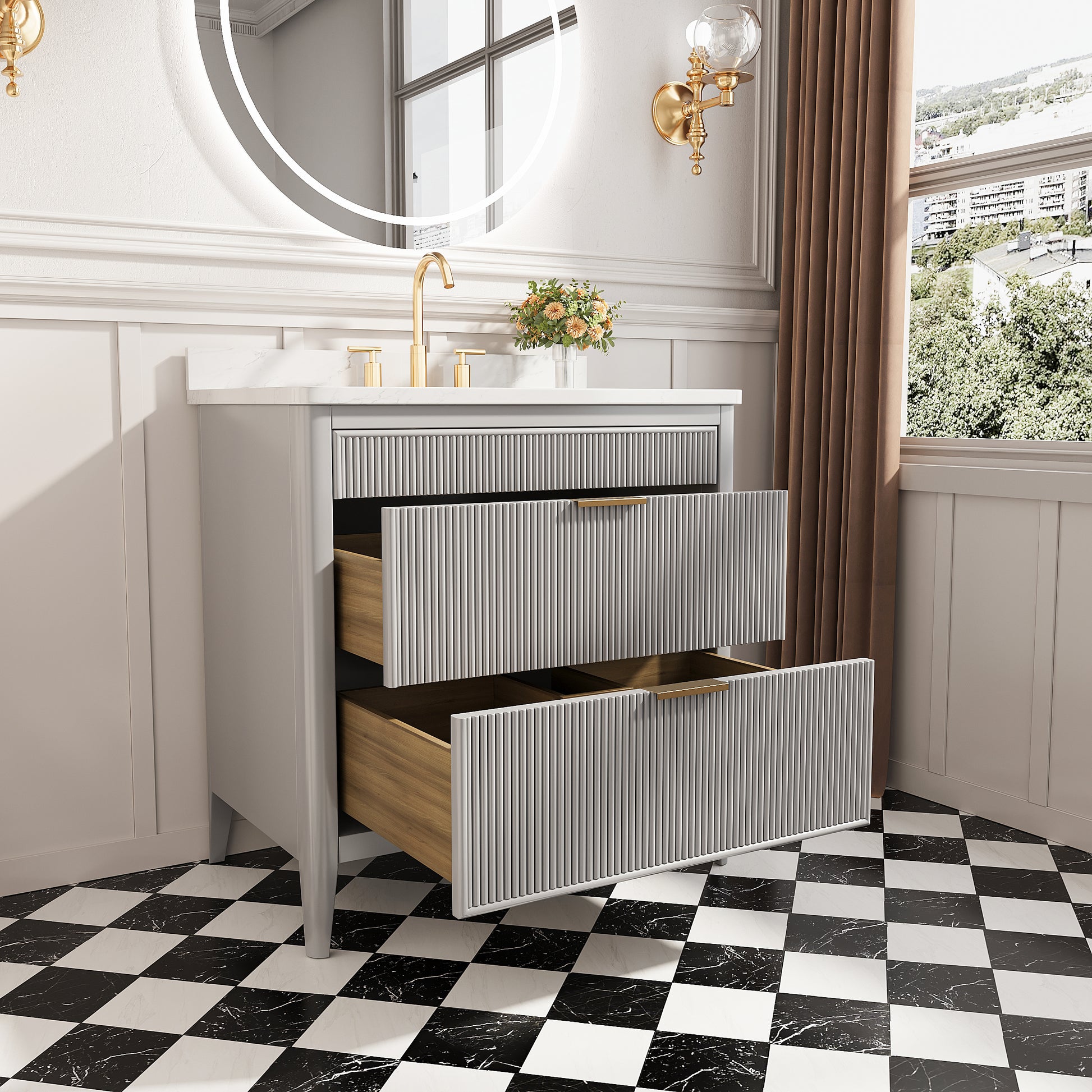 30"/36"/48" Freestanding Single Sink Bathroom Vanity with Solid Wood Construction & Marble Top