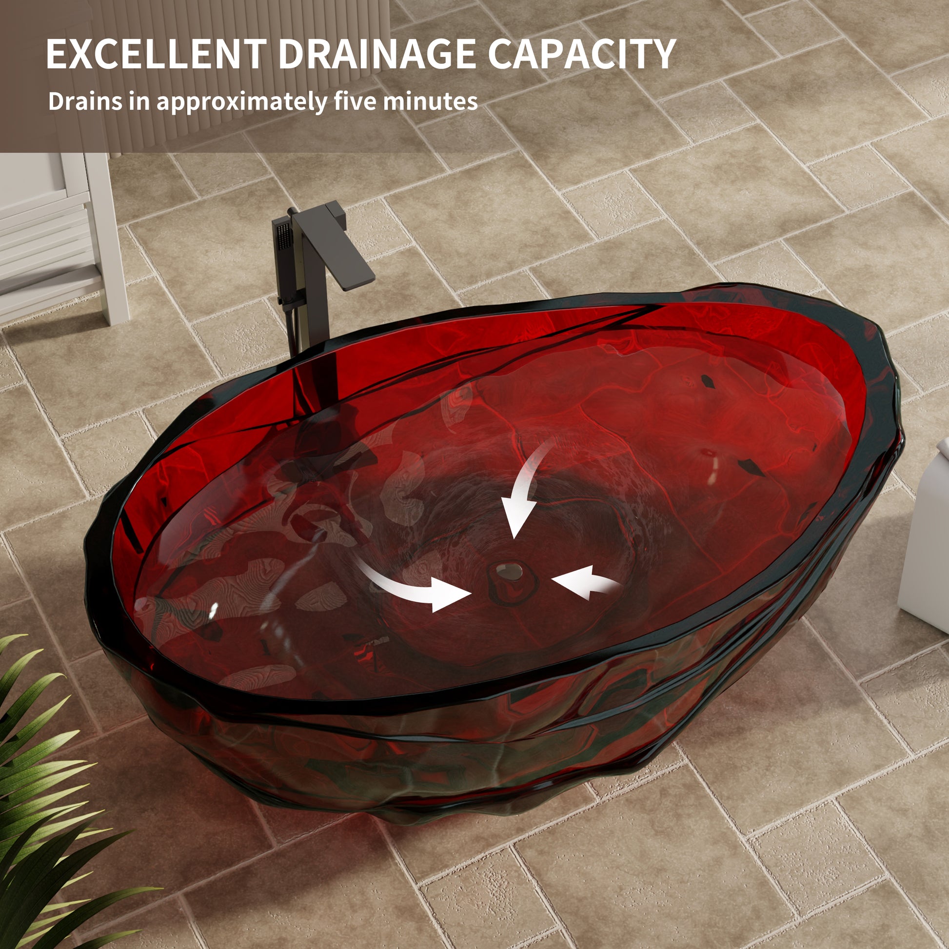 67" Flame Red Water-Ripple Freestanding Resin Soaking Tub with Center Drain
