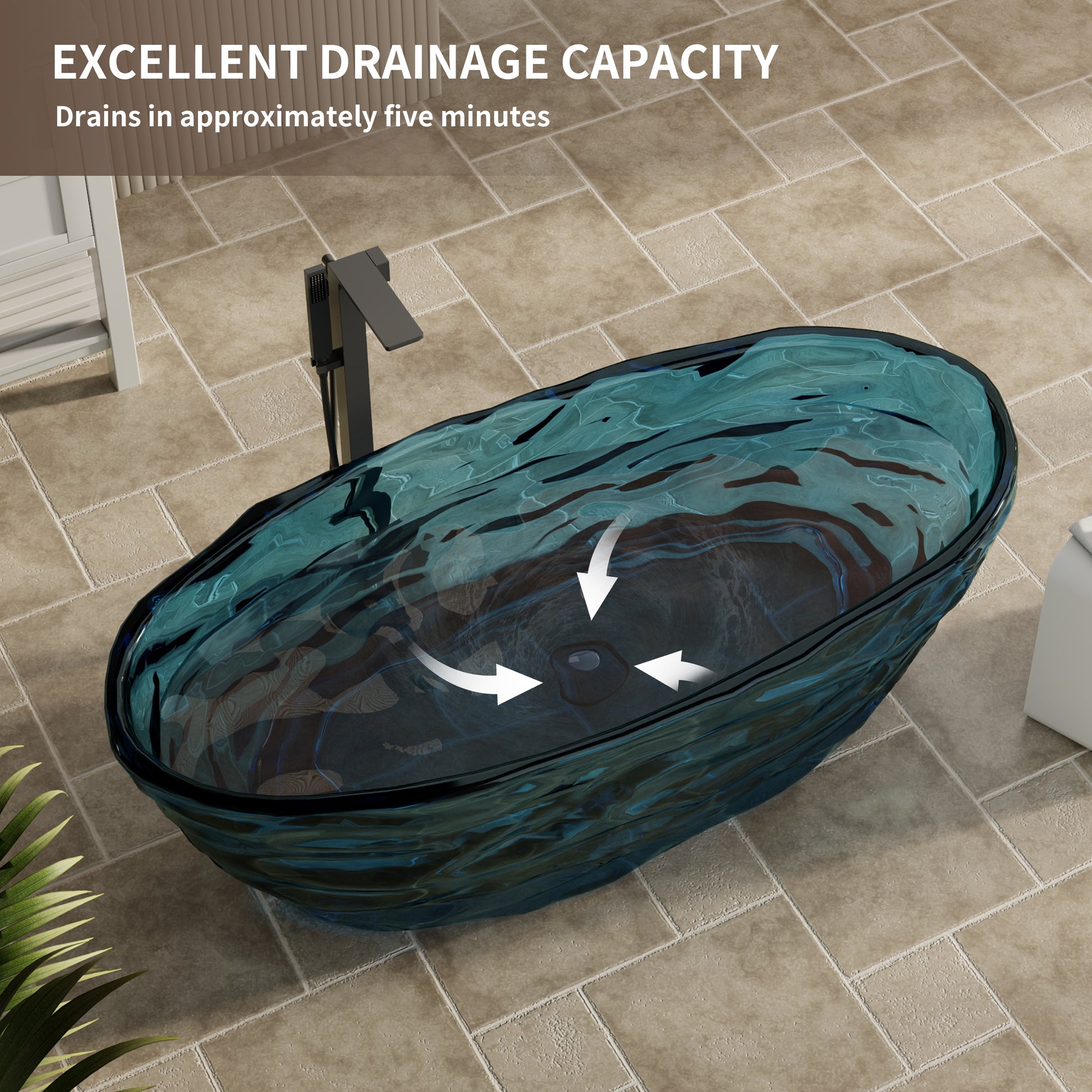 67" Contemporary Pure Resin Freestanding Soaking Bathtub with Wave Texture