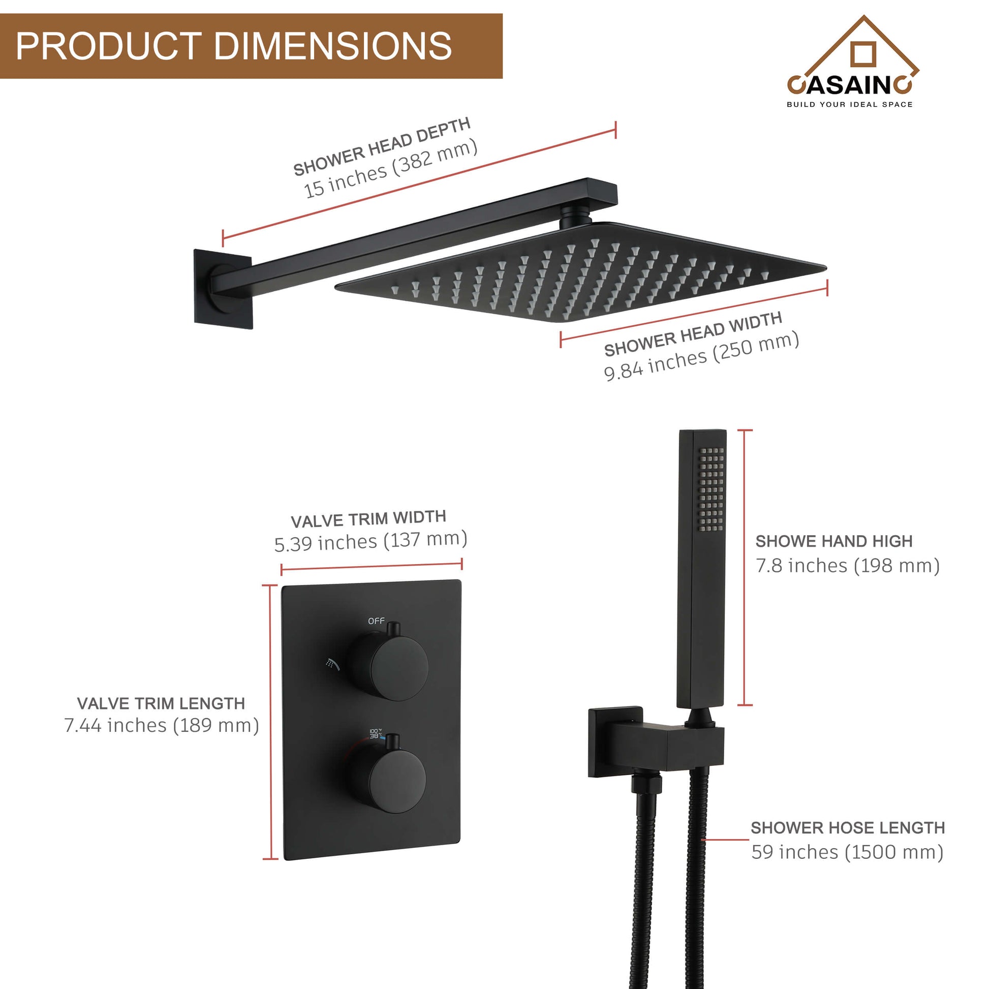 CASAINC Matte Black Wall Mounted Bathroom Shower Faucet Set