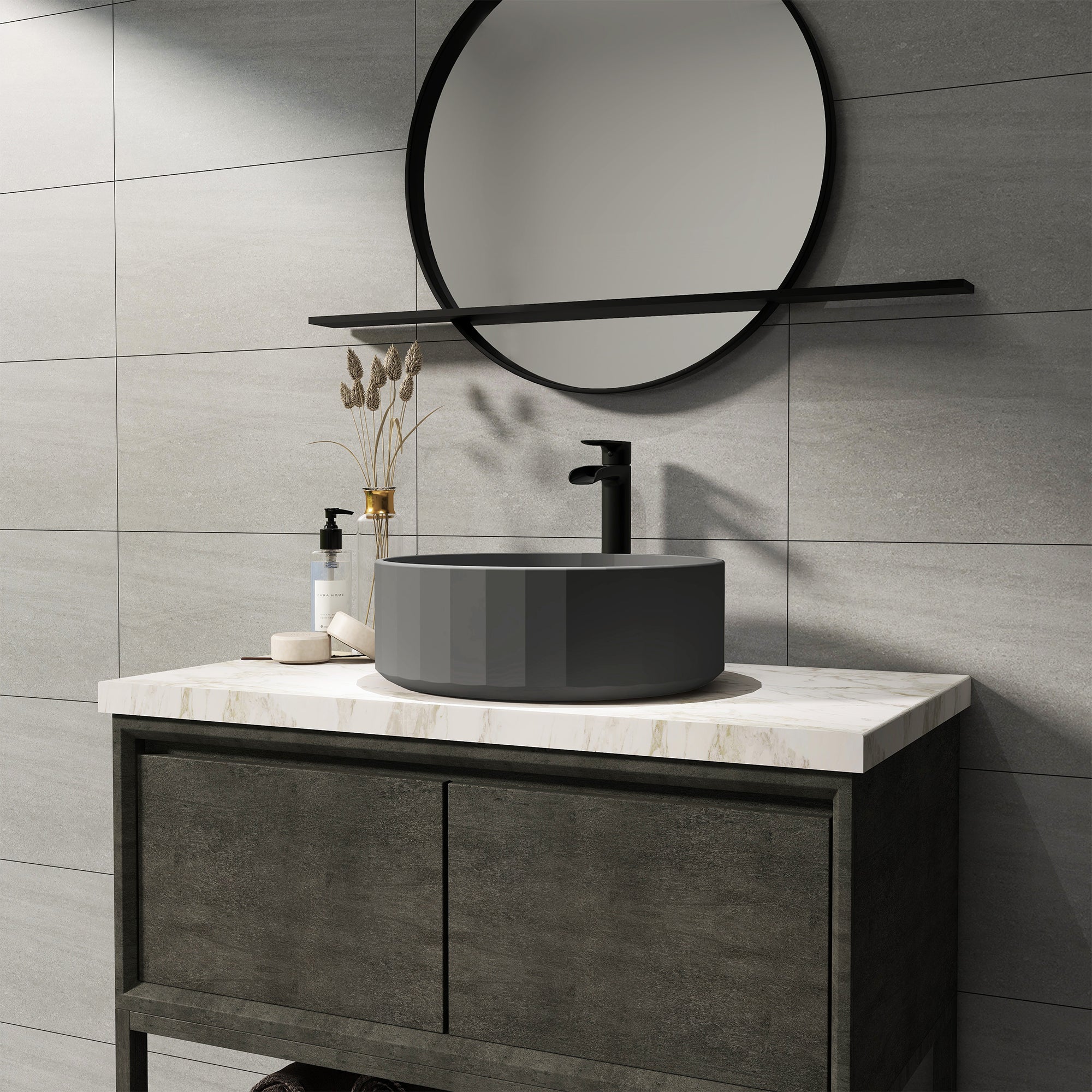 17in Bathroom Concrete Round Vessel Sink with Drainer in Black Earth / Mottled Bluish Grey / Taupe Clay