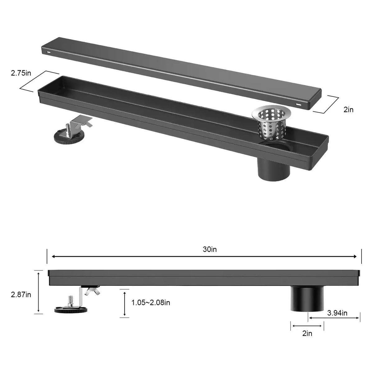 Offset Linear Shower Drain in 304 Stainless Steel with Reversible Flat and Tile Insert Cover