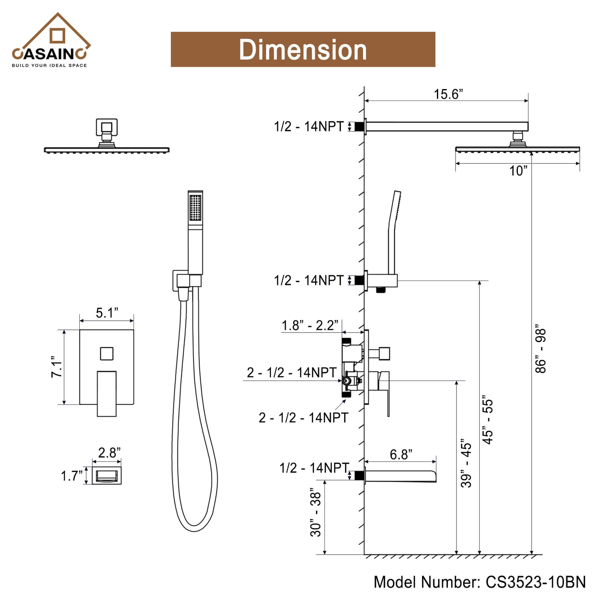 CASAINC Wall Mounted Shower System with Handheld Shower and Bathtub Faucet in Brushed Nickel